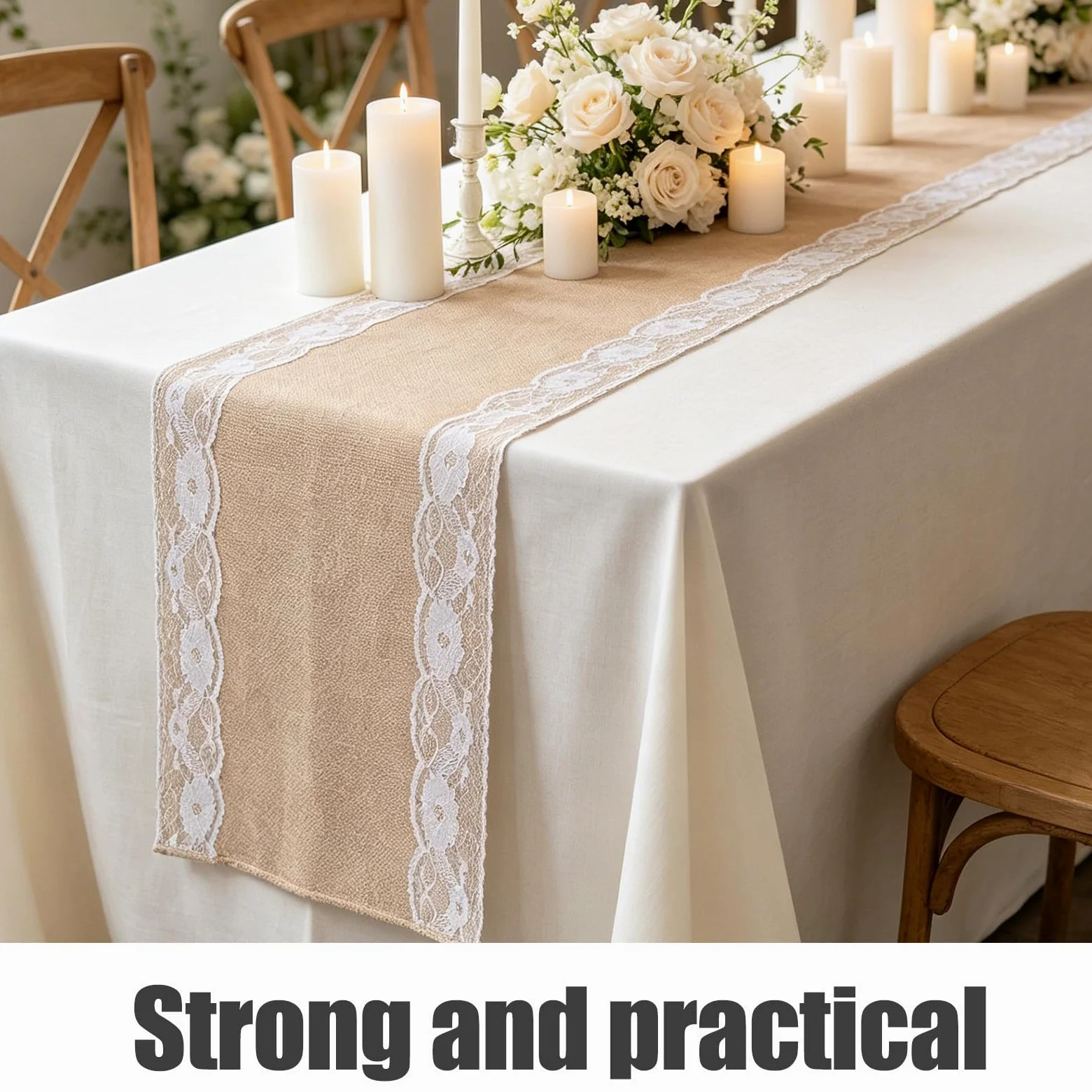 VOSAREA 12 Pièces Chemin de Table et Résistant Déformation en Lin Rustique 30 X 178 Cm Bordure Blanche, Lavable en Machine pour Mariage et Réception