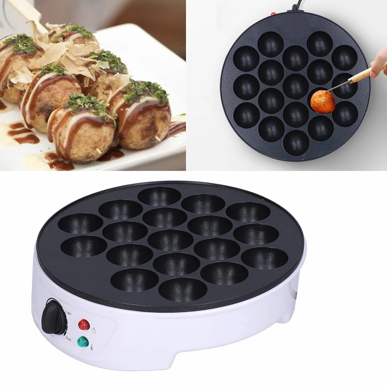 Gaufrier Takoyaki Électrique, 750W, 18 Trous, Plaque Antiadhésive, Chauffage Bilatéral, pour la Préparation de Boulettes de Poulpe, 220-240V