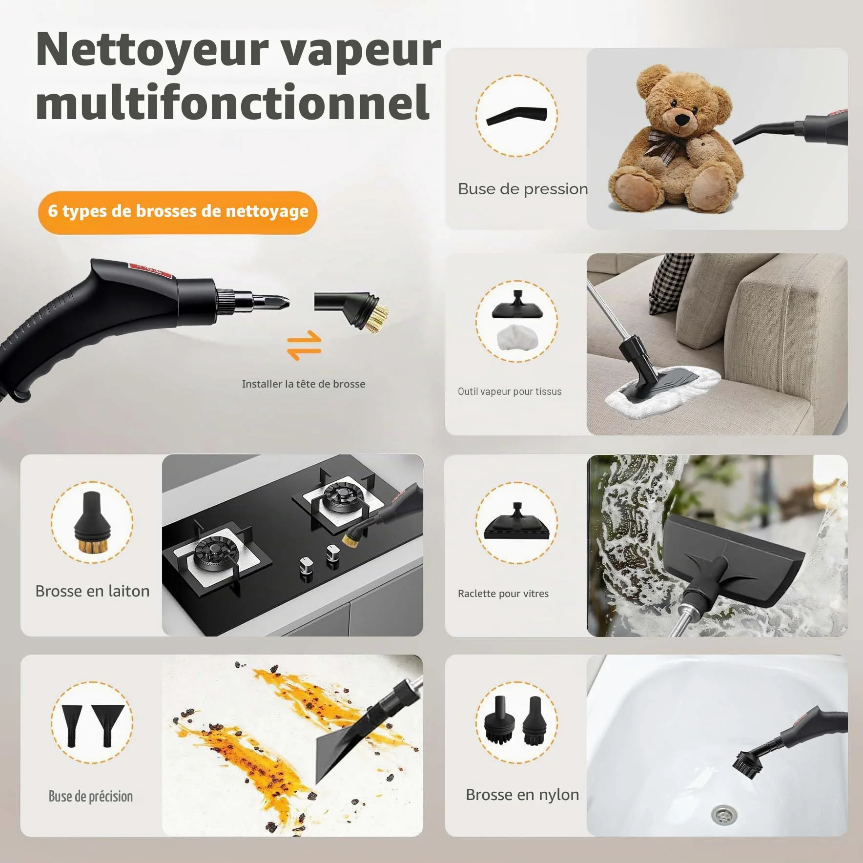 Nettoyeur à vapeur manuel 6 niveaux réglables, chauffe 10–15s, réservoir 1,2 L, 15 accessoires, nettoyeur haute pression sans chimie cuisine salle de bains sols voitures vitres