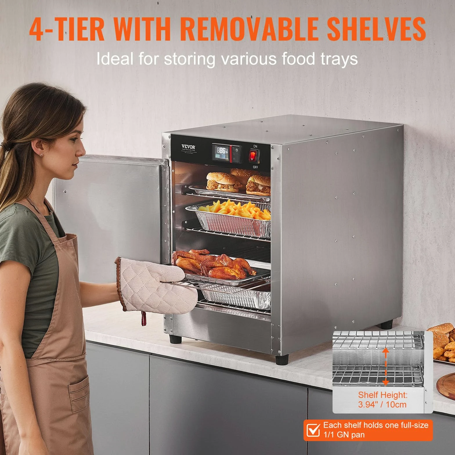 VEVOR Armoire Chauffante à 4 Niveaux, Étuve Traiteur avec Bac à Eau, Chauffe Assiettes Porte Simple et Étagères Réglables, en Acier Inoxydable, pour Pizza Poulet, Restaurant Cantine École, Argenté