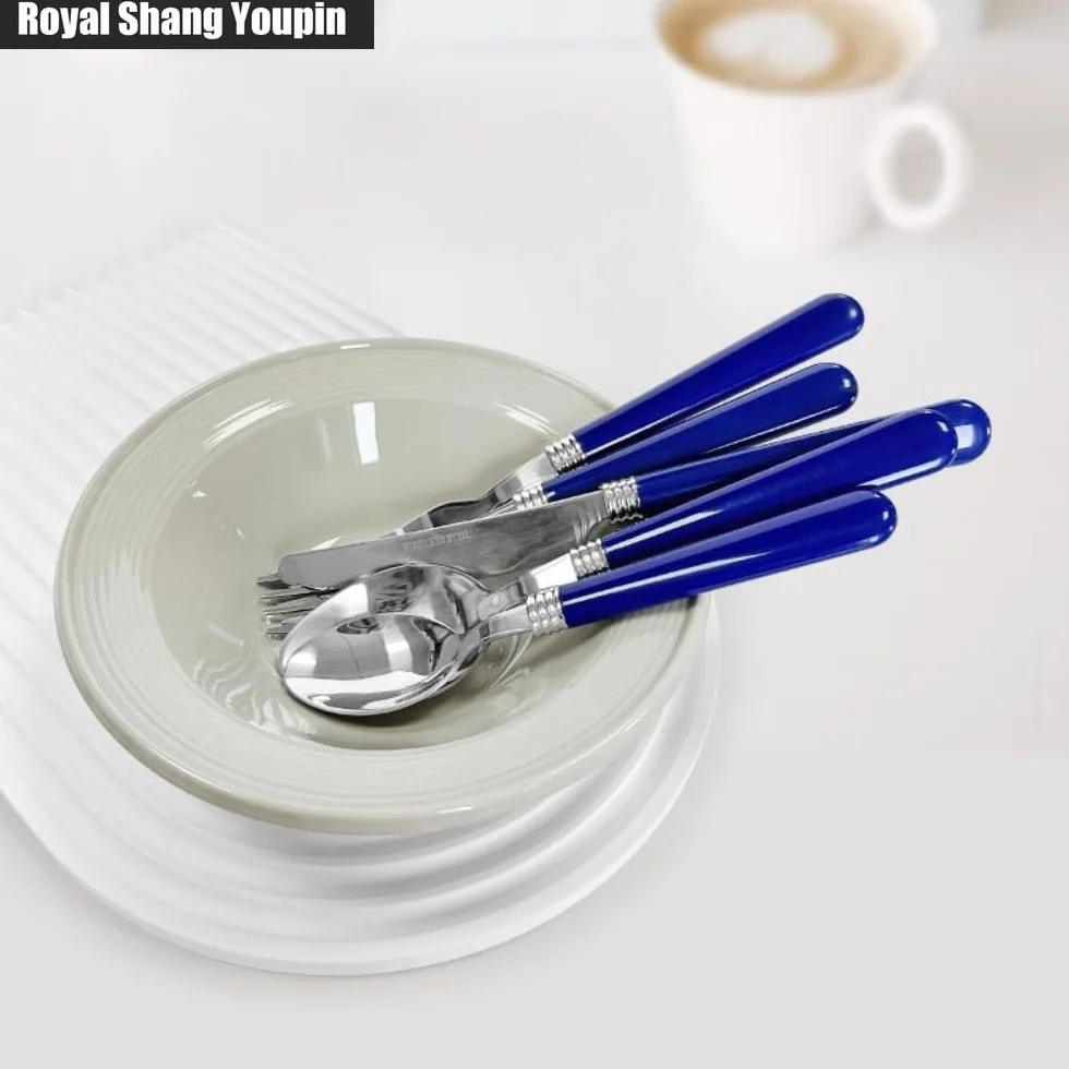 Poignée en Plastique Épaissie Cuisine Acier Inoxydable Argenterie Vaisselle Couverts Ensemble De Couverts Couteau À Steak Fourchette Cuillère Cuillère À Café (Blanc,20 pièces)