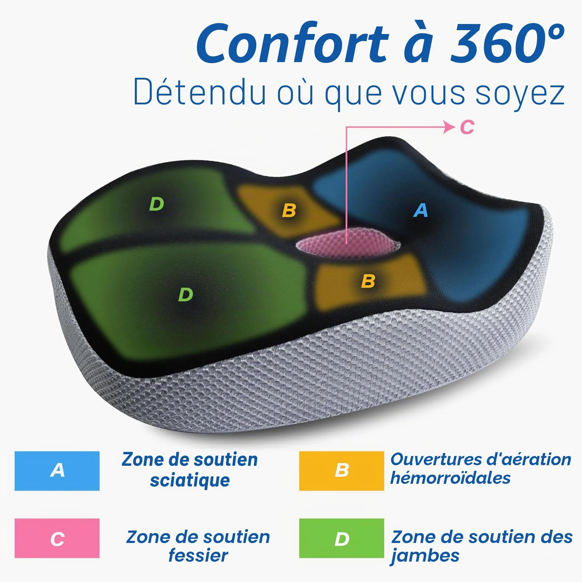 Coussin de siège de voiture, coussin ergonomique en mousse à mémoire de forme pour soulager la douleur sciatique, siège rehausseur adulte pour personnes courtes, coussin de voiture pour conduite