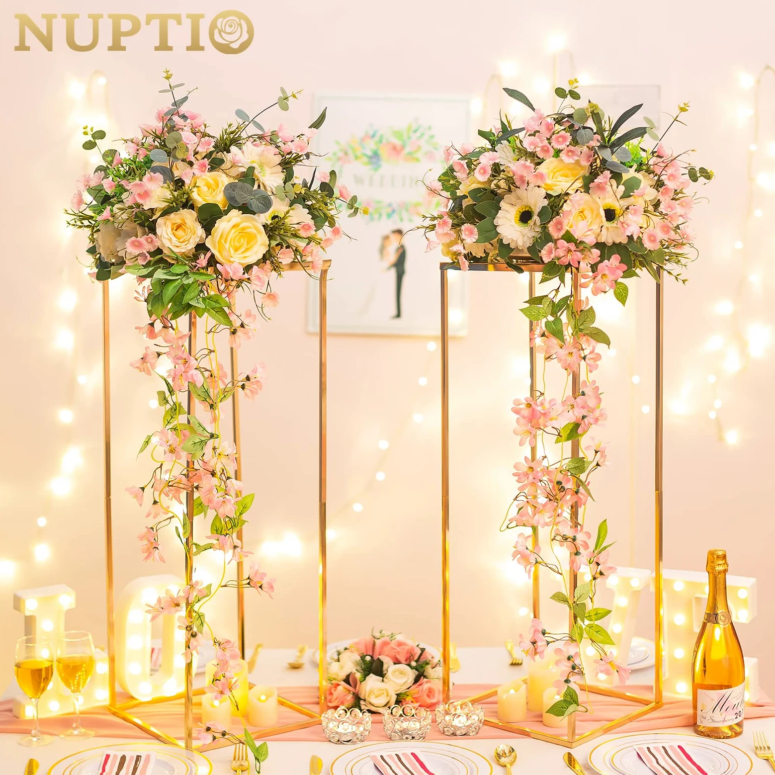 Nuptio Vase d'or pour Centre de Table de Mariage 2 Pièces Vases 80cm Haut pour Fleurs Métal pour Tables Fête Décorations Élégant Vrac Mariage Centre Table Géométrique Colonne Présentoir