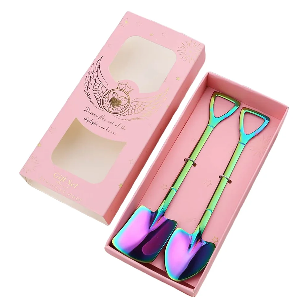 Lot de 2 cuillères à café rétro en acier inoxydable en forme de pelle à crème glacée pastèque gâteau sucre dessert cuillère à café avec boîte en forme de pelle cuillère à café