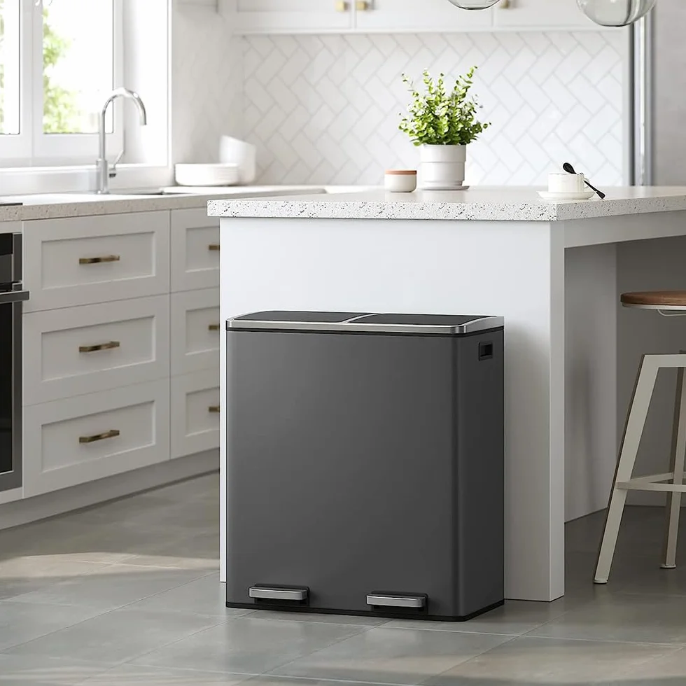Panana Poubelle 60 L (2 x 30 litres), Système de Tri Sélectif de Cuisine - Poubelle à Pédale en Métal à Fermeture Douce avec Couvercle Hermétique pour Cuisine (Gris)