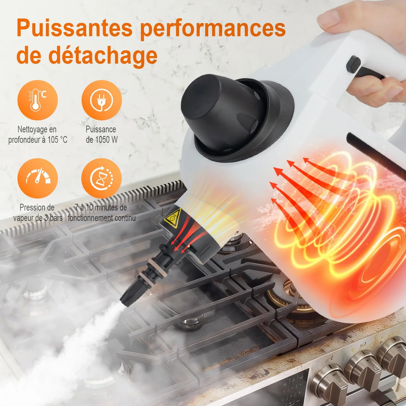 Ibergrif Nettoyeur Vapeur Portatif, 1050W avec 12 Accessoires, 3 Bar Haute Pression, Solution Sans Produits Chimiques, pour Canapé, Cuisine, Joints et Vitres, 350ml, Blanc