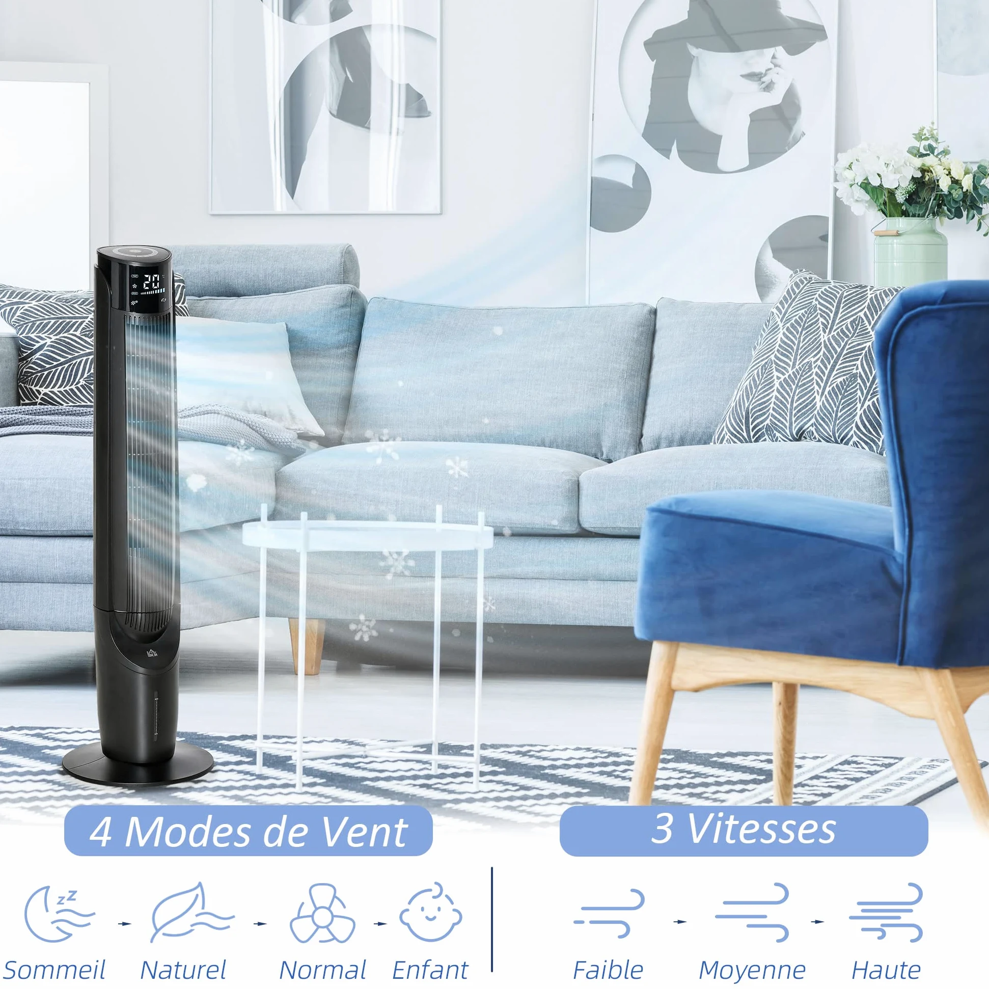 HOMCOM Rafraîchisseur d'air/ventilateur colonne/humidificateur 3 en 1-oscillant, 4 modes, 3 vitesses, Minuterie, télécommande réservoir 2.8L avec 1 bloc réfrigérant