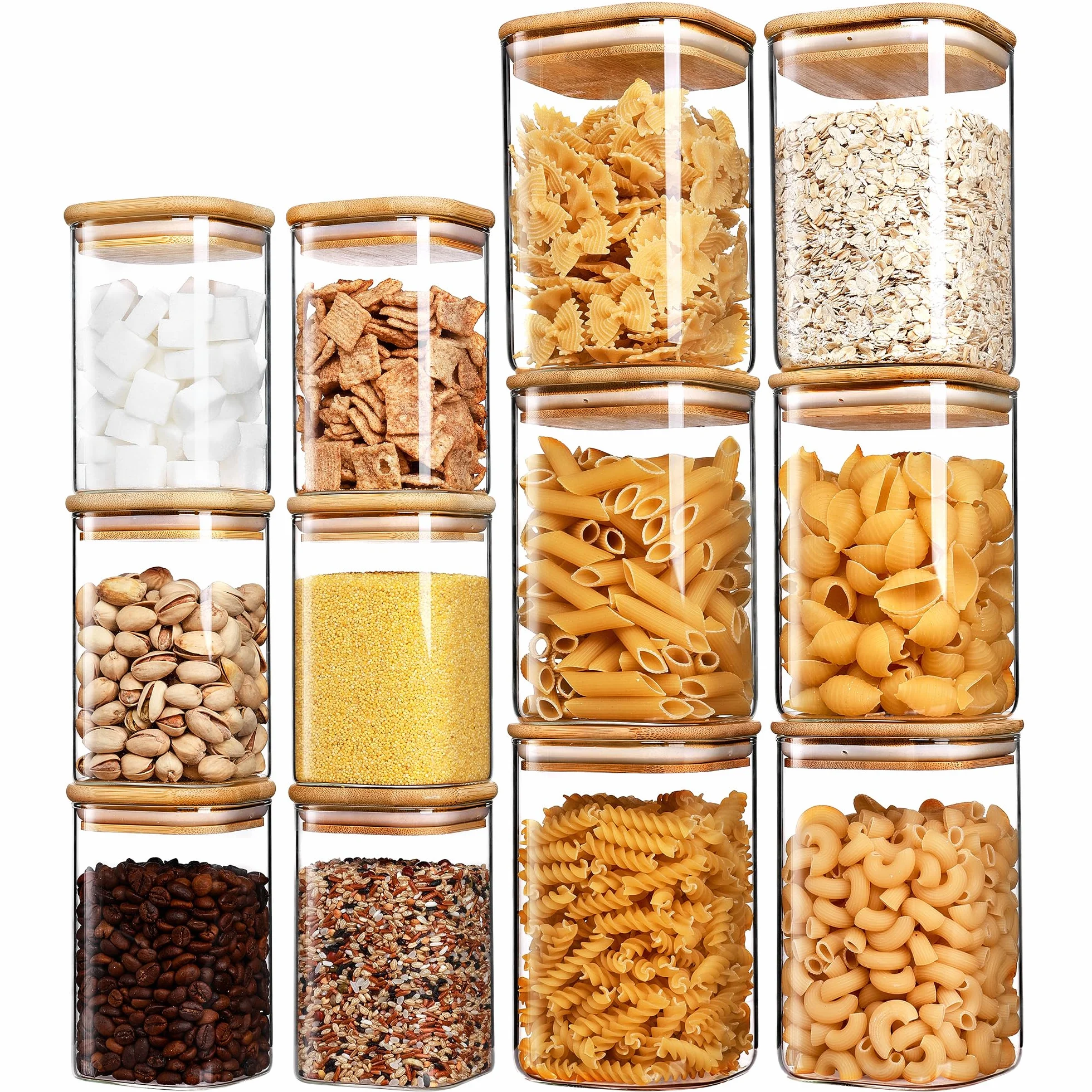 Vtopmart Lot de 12 bocaux de conservation en verre avec couvercle, 2 tailles : 1200 ml x 6, 600 ml x 6, boîtes de conservation en verre avec couvercle en bois pour le stockage des spaghettis
