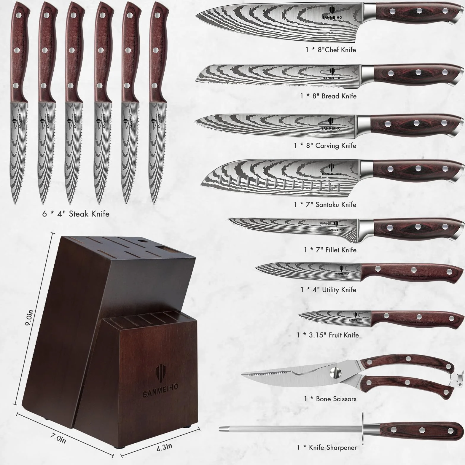 SANMEIHO Ensemble de Couteaux, 16 PCS Ensemble de Couteaux de Cuisine en Acier Inoxydable Allemand pour la Cuisine avec Bloc, Set de Couteaux de Chef Professionnel Ultra-tranchant avec Aiguiseur