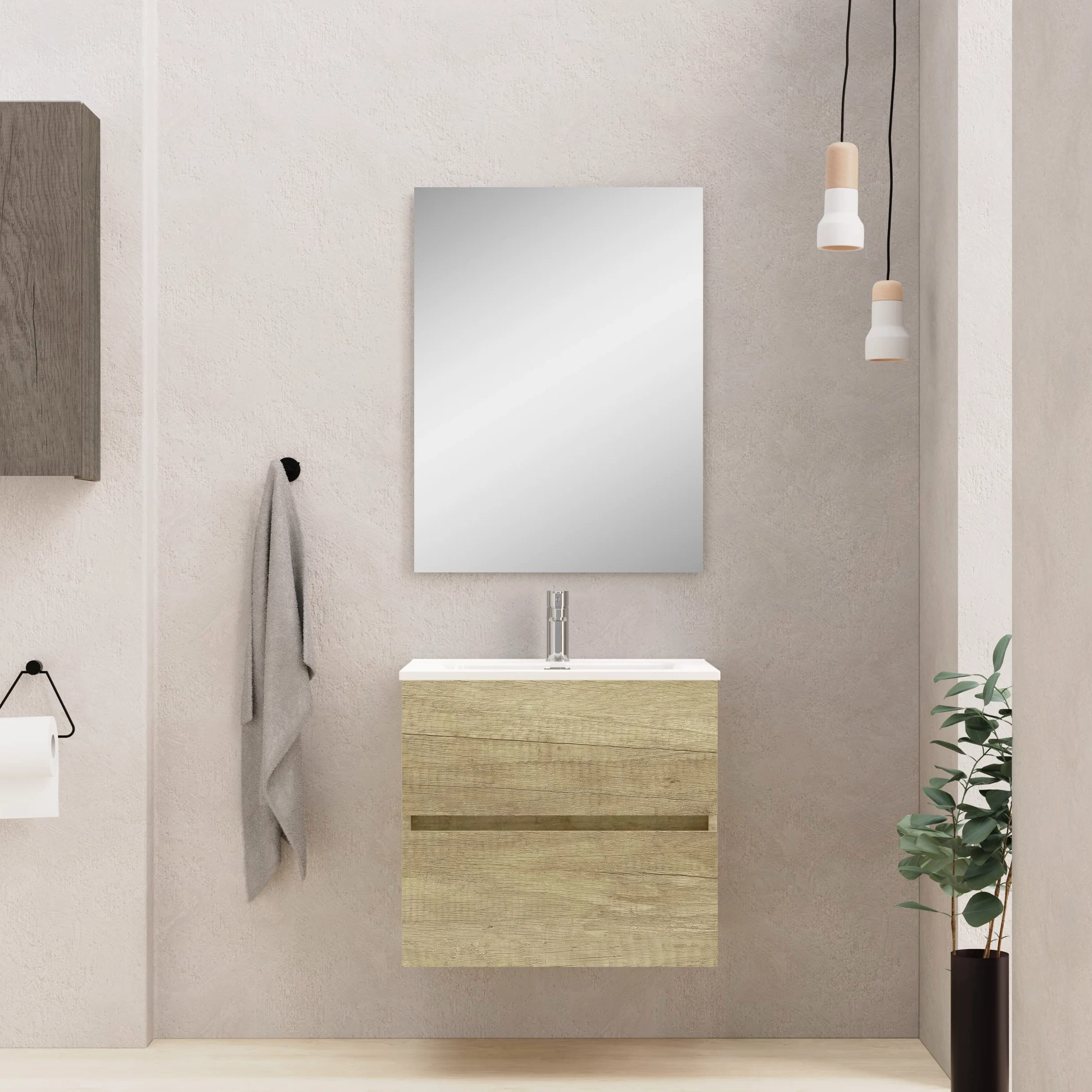 Baikal Meuble de Salle de Bains, Armoire Suspendue avec Vasque en Ceramique, Hauteur 55 cm, Largeur 60 cm, 2 Tiroirs, Finition Nature, Meuble Monte