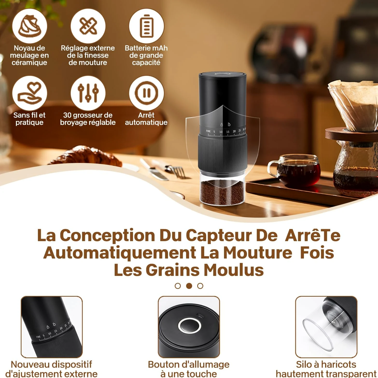 Moulin à Café, Moulin A Cafe Electrique, 30 RéGlages, Moulin à Café Sans Fil Rechargeable Avec Meule Conique En CéRamique Et Brosse De Nettoyage Broyeur Cafe Grain, Pour Le Voyage Et Le Camping
