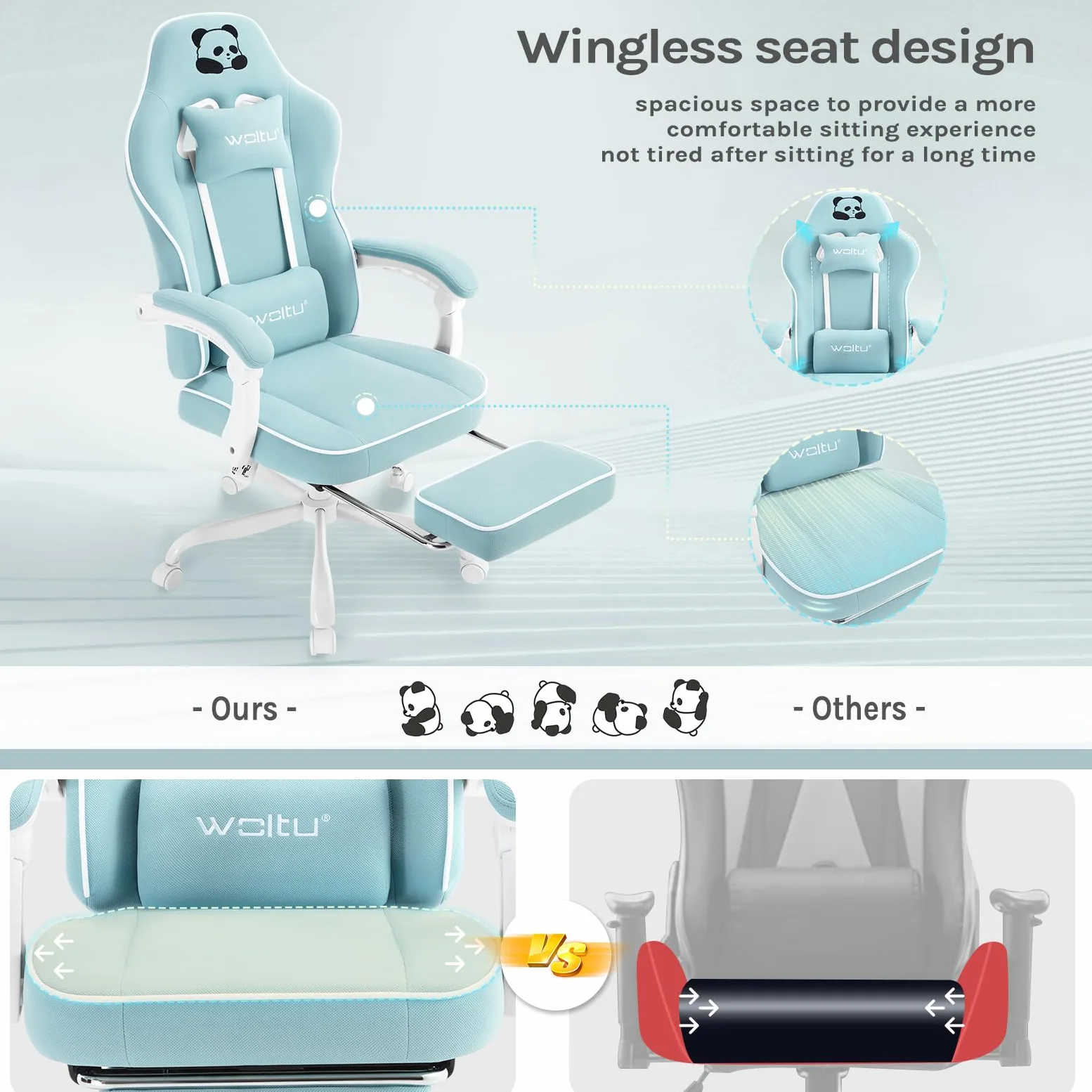 WOLTU Chaise Gaming, Fauteuil Gaming, avec Coussin à Ressorts Ensachés, Chaise Ergonomique, Charge 150kg, Appui-tête, Support Lombaire, Repose-Pieds, Tissu Maille, Bleu Clair