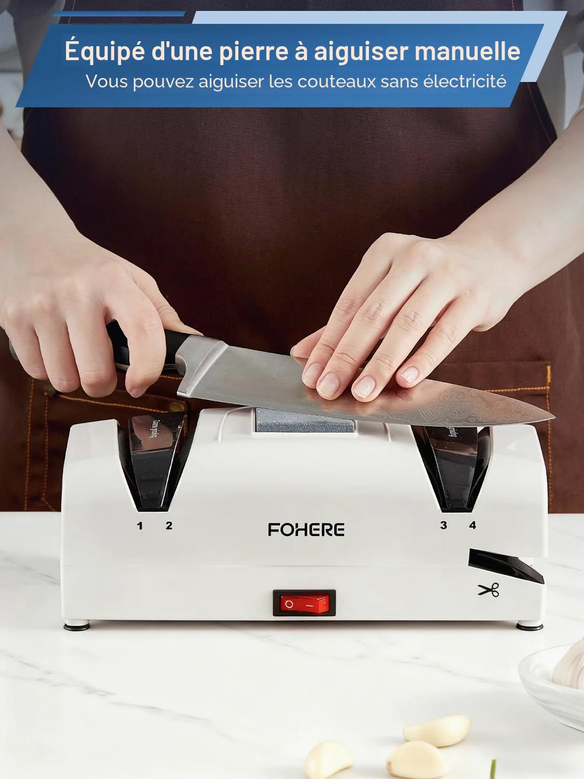 FOHERE Aiguiseur de Couteaux électrique 5 en 1, 2 Récupérateurs de Copeaux Magnétiques, 100% Diamant Abrasif pour Couteaux de Cuisine, Ciseaux et Petit Tournevis à Tête Plate.