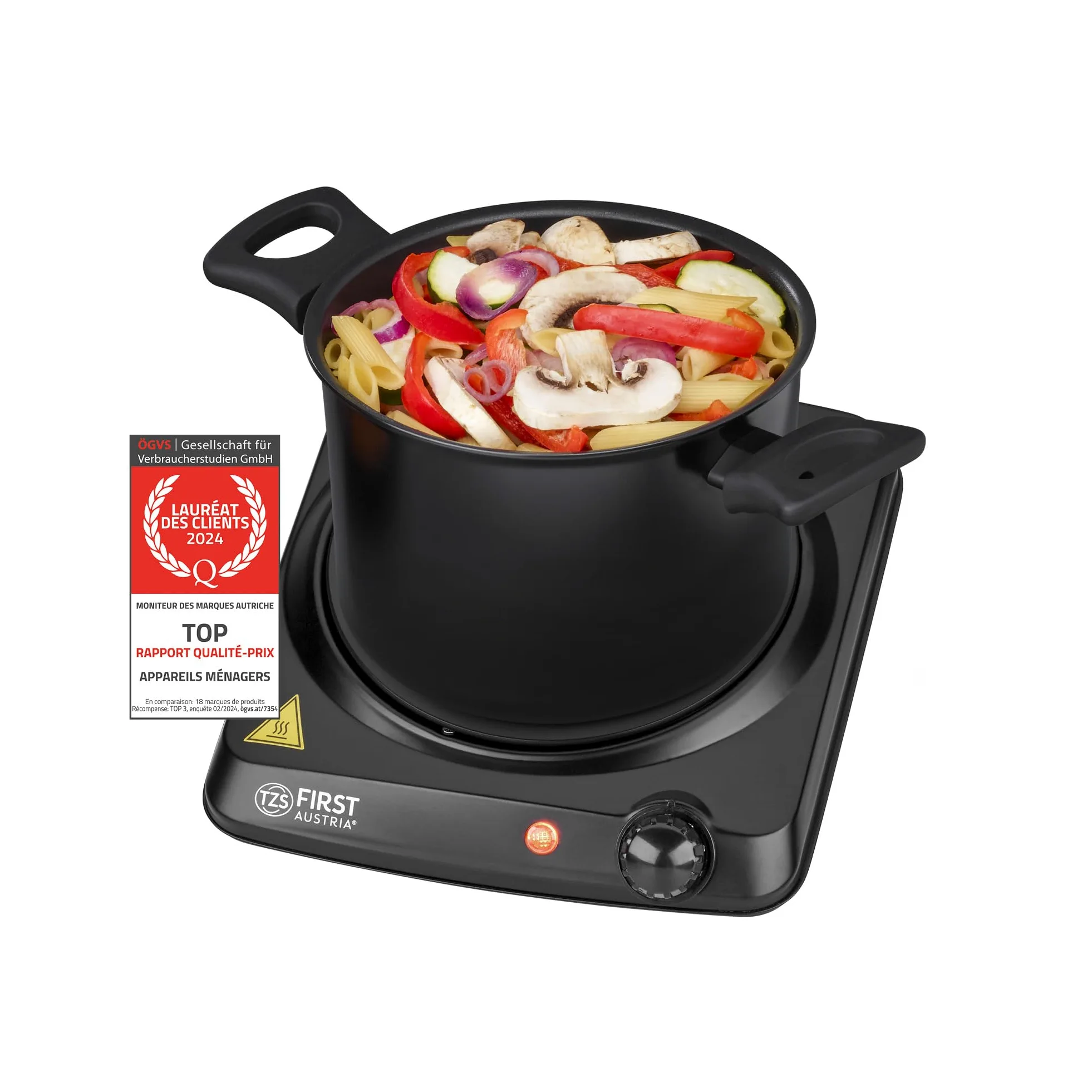TZS First Austria - Plaque infrarouge 1200W - Ø 175 mm - Réchaud portable avec protection antisurchauffe & thermostat réglable - Plaque vitrocéramique pour tous types de casseroles