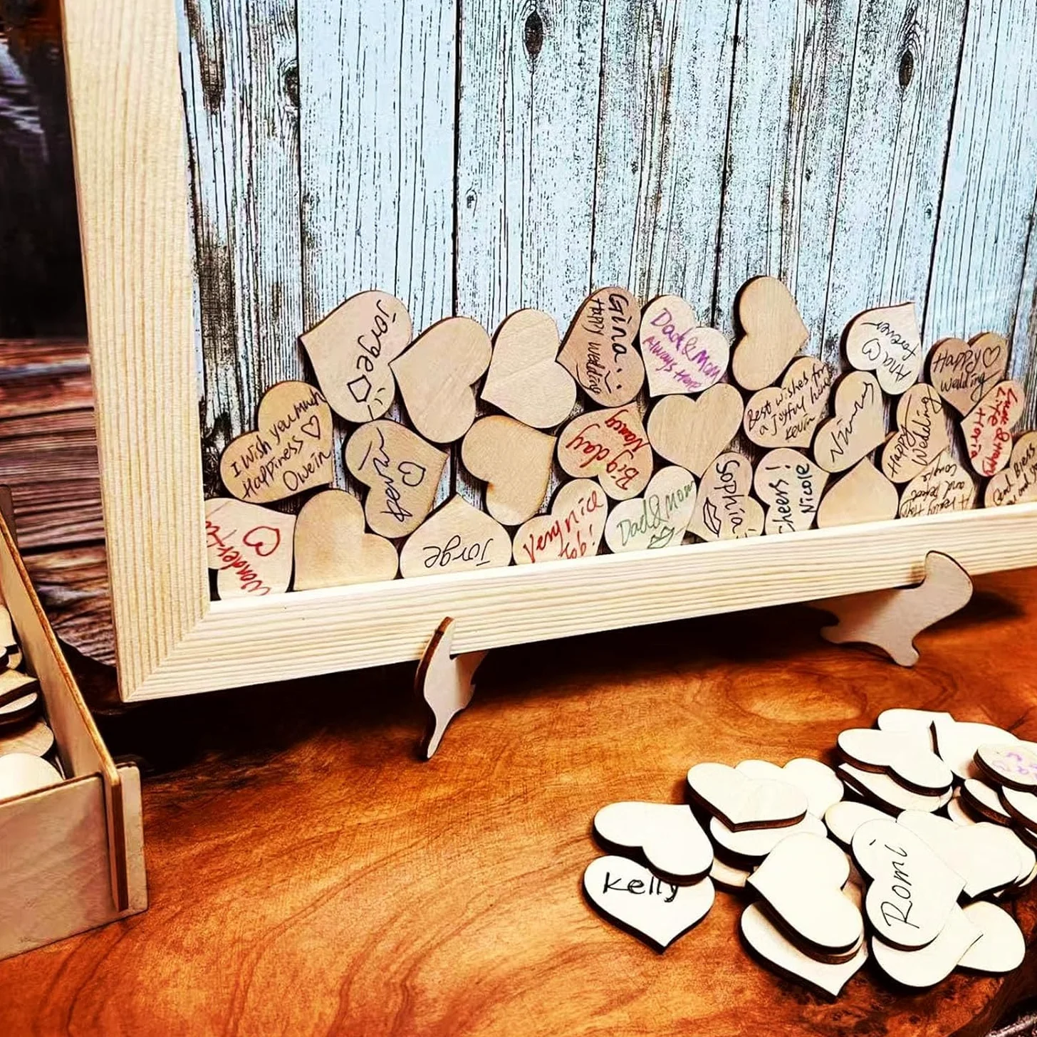 Livre d'or pour Le Mariage Panneau de Stylo Alternatif Cadre en Bois pour Le baptême Décoration de la fête d'anniversaire 120 Coeurs