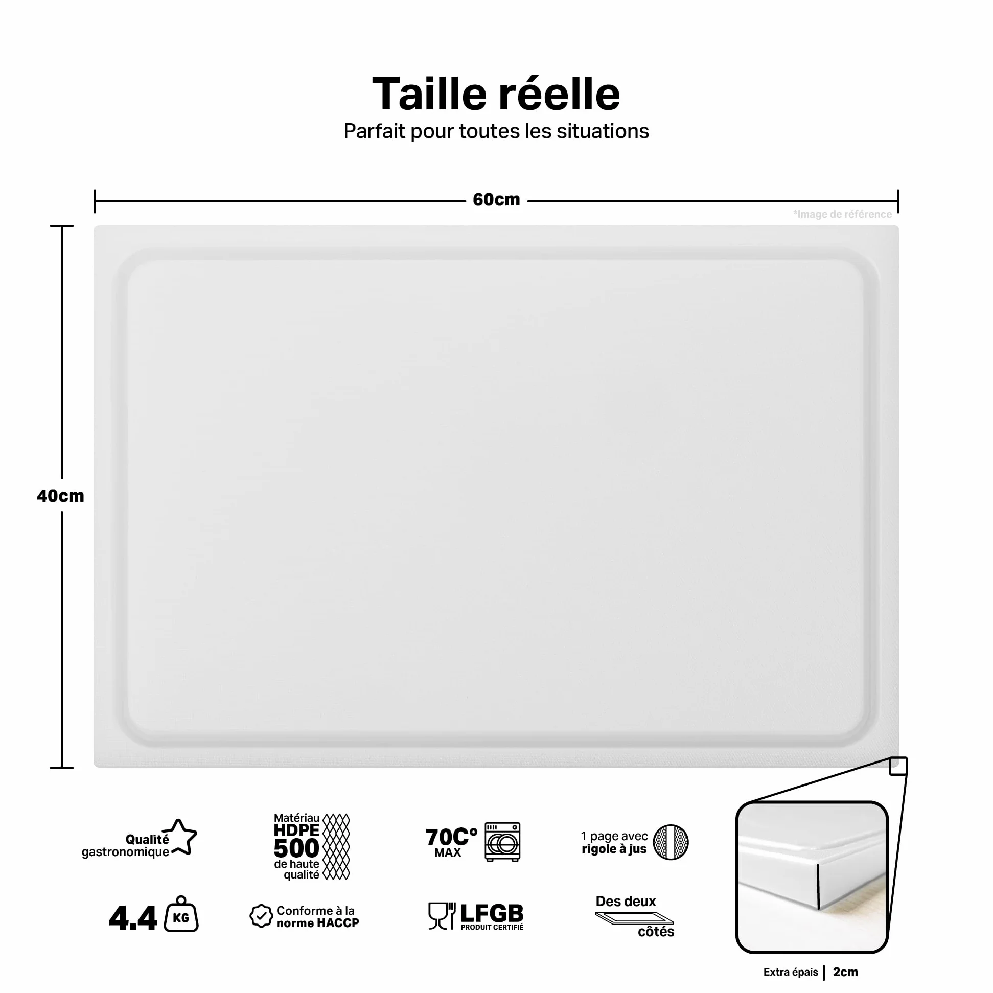Planche à découper en plastique PE-HD Blanc, 60x40x2 cm, passe au lave-vaisselle, extra épaisse, n'abîme pas les couteaux bac à jus