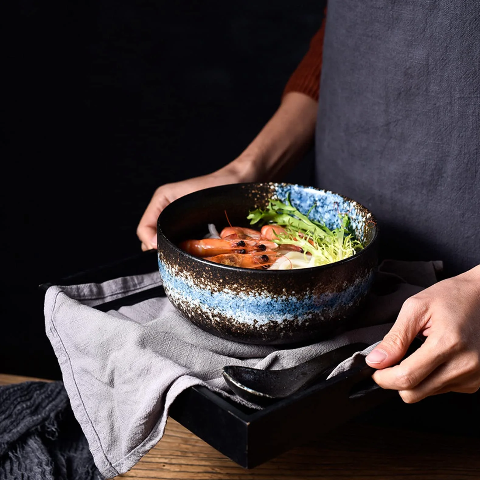 Bol japonais avec couvercle, bol de ramen en céramique, lot de 2 bols de ramen en céramique vintage bol de riz dessiné à la main bol de nouilles instantanées,A5