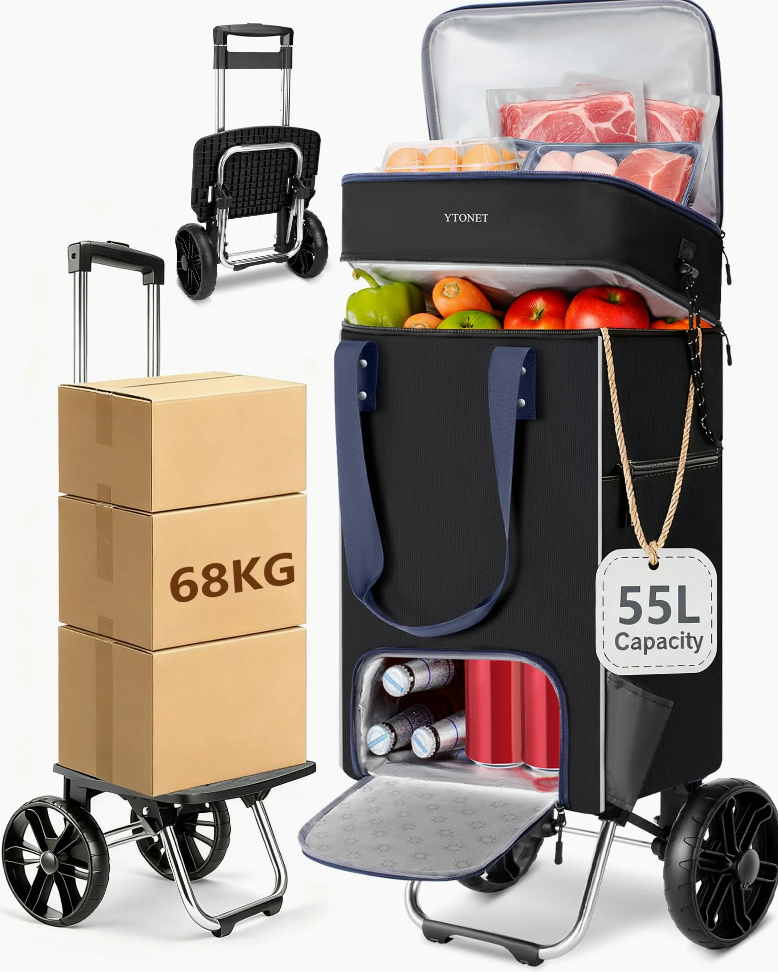 Ytonet Chariot de Courses à roulettes 55L, Caddie de Courses Pliable Porte Jusqu'à 68 kg, Chariot de Courses Imperméable avec Sac Isotherme et Poche Anti-vol, Le Camping, Faire Les Courses, Noir