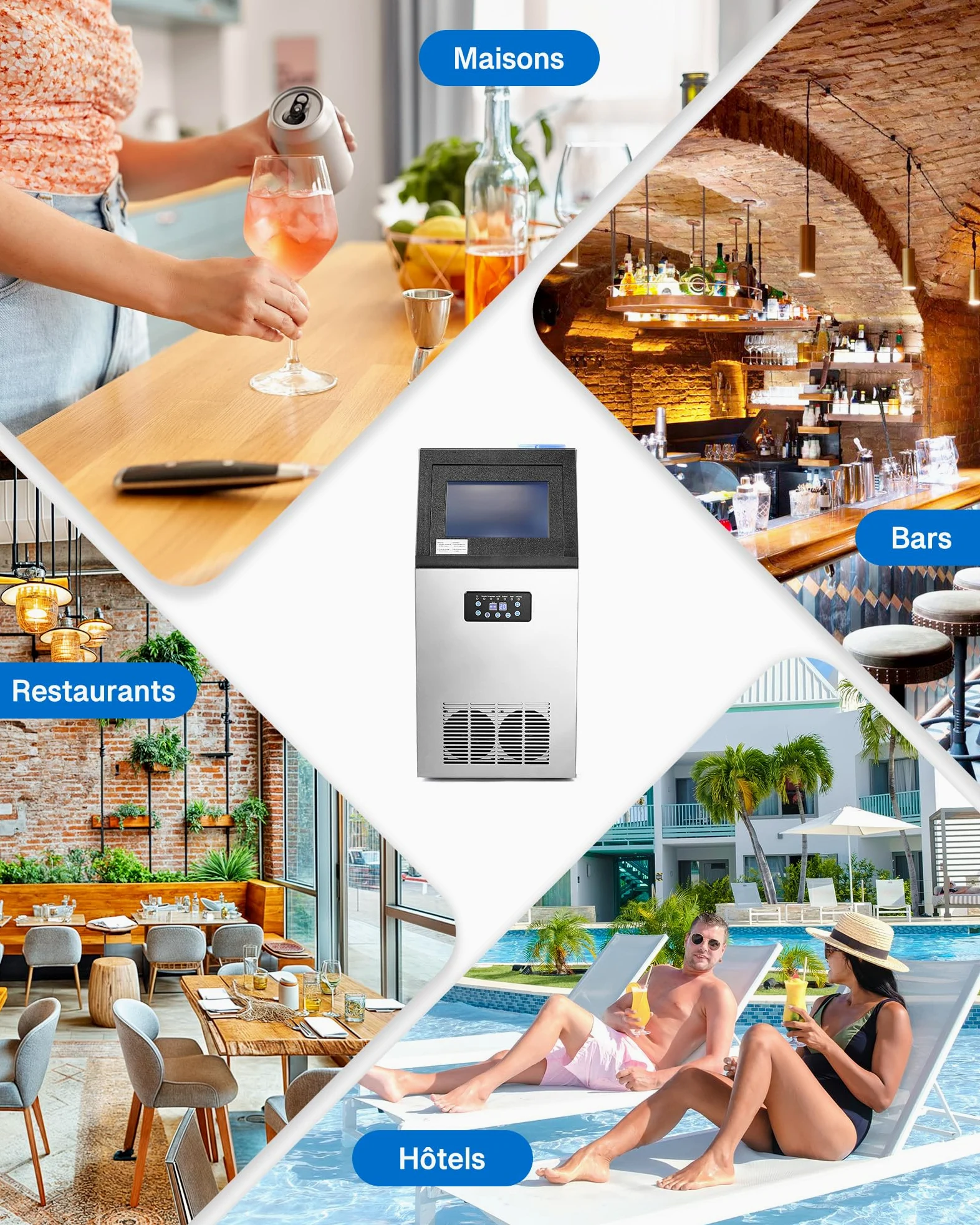 CREWORKS Machine à Glaçons Commerciale 480W 73kg/24h Ice Maker Professionnel 45 Pièces Écran LCD Storage de 10kg pour Maison Bureau Restaurant Bar Café
