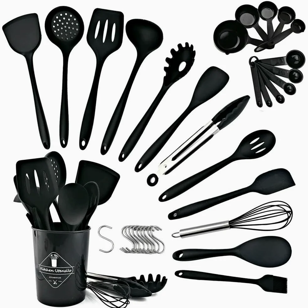WLDMA Ensemble d'ustensiles de cuisine noirs en silicone de qualité alimentaire avec spatule, pelle à soupe, cuillère à soupe, ustensiles de cuisine BPA