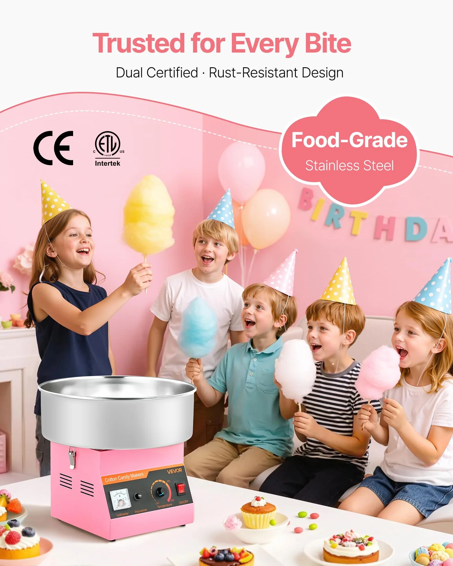 VEVOR Machine à Barbe à Papa Électrique 1000 W, Appareil à Barbe à Papa avec Bol en Acier Inoxydable de 38 cm et Cuillère à Sucre, Nettoyage Facile, pour Faire des Bonbons, Fêtes Anniversaires, Rose
