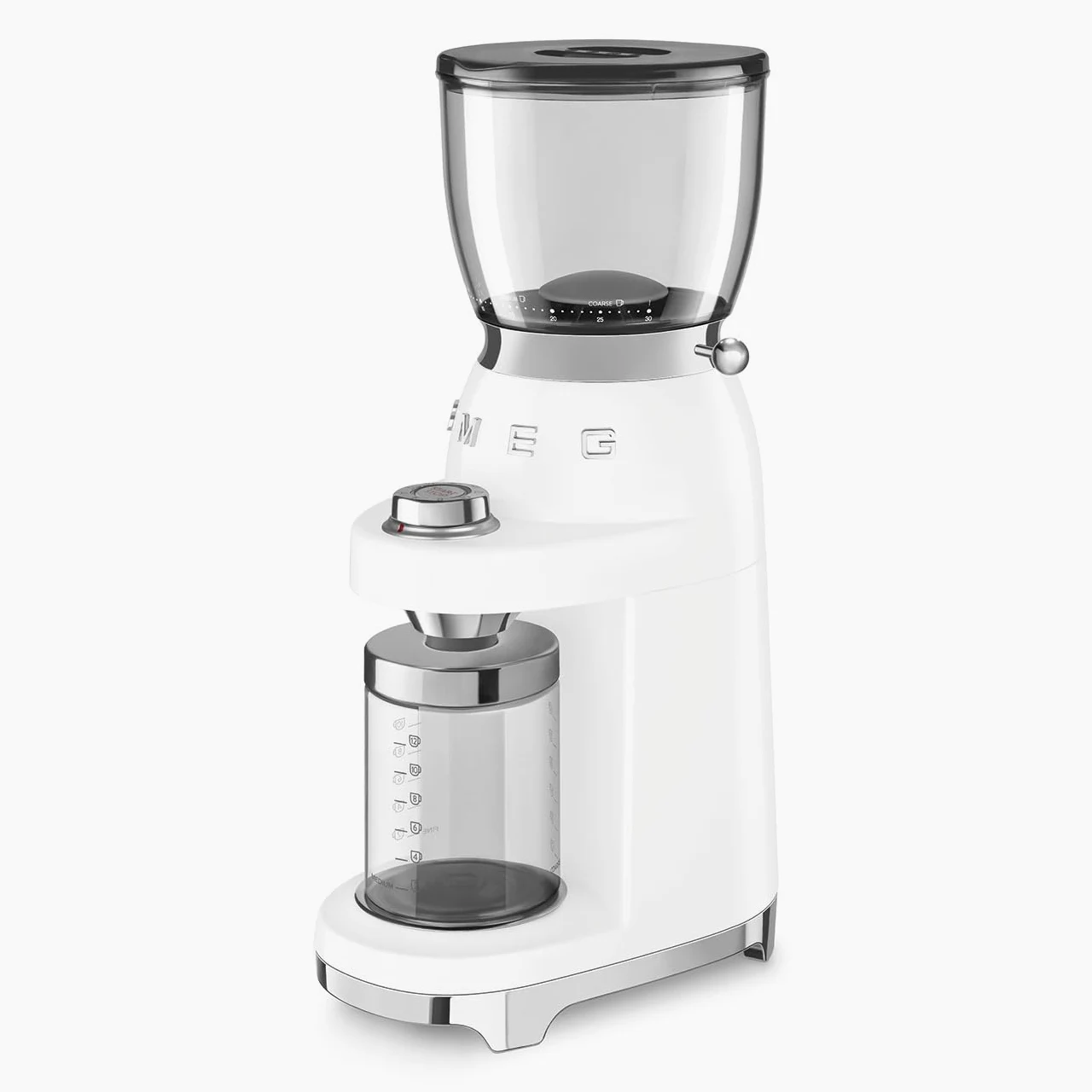 Smeg Moulin à café CGF01WHUK en aluminium, style rétro années 50, 8 réglages de programme et 3 niveaux de broyage, blanc