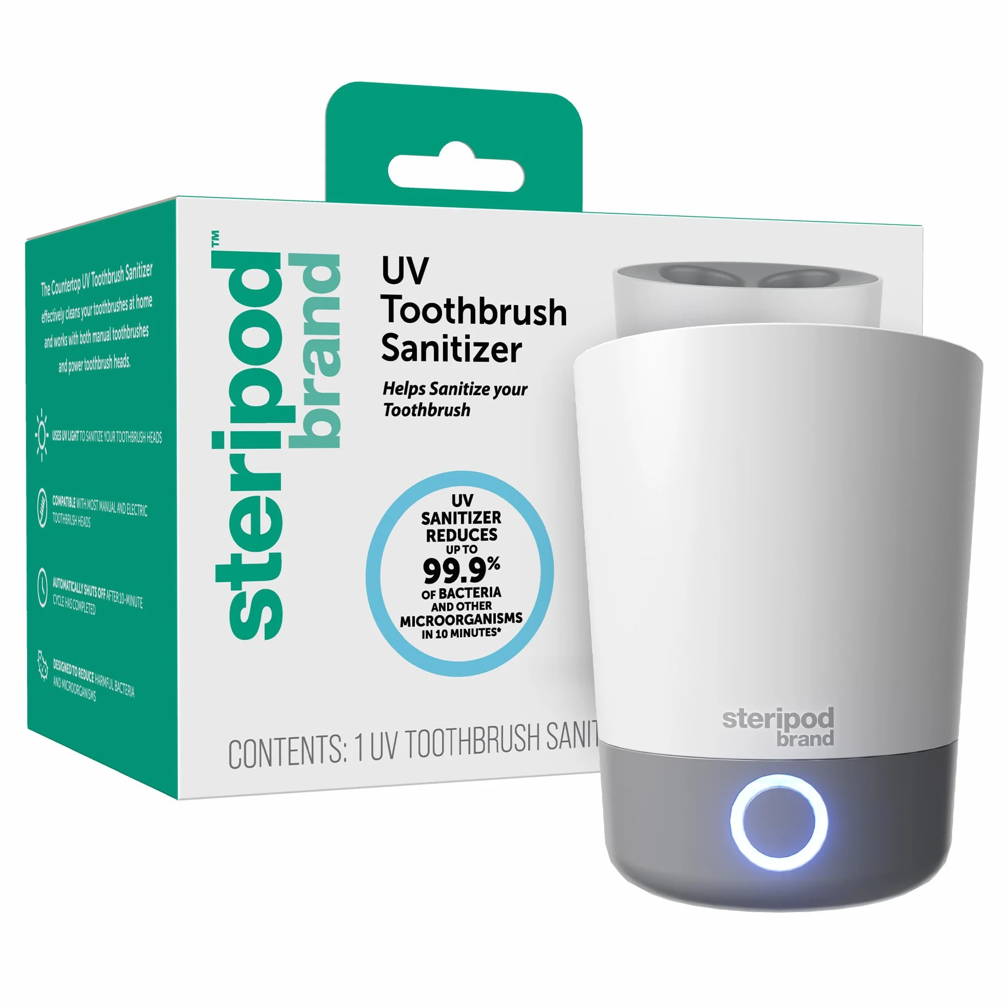 Steripod Désinfectant UV pour Brosse à Dents de comptoir - Réduit Les Micro-organismes nocifs, Support de Brosse à Dents et Station de Nettoyage - Peut contenir Quatre brosses à Dents