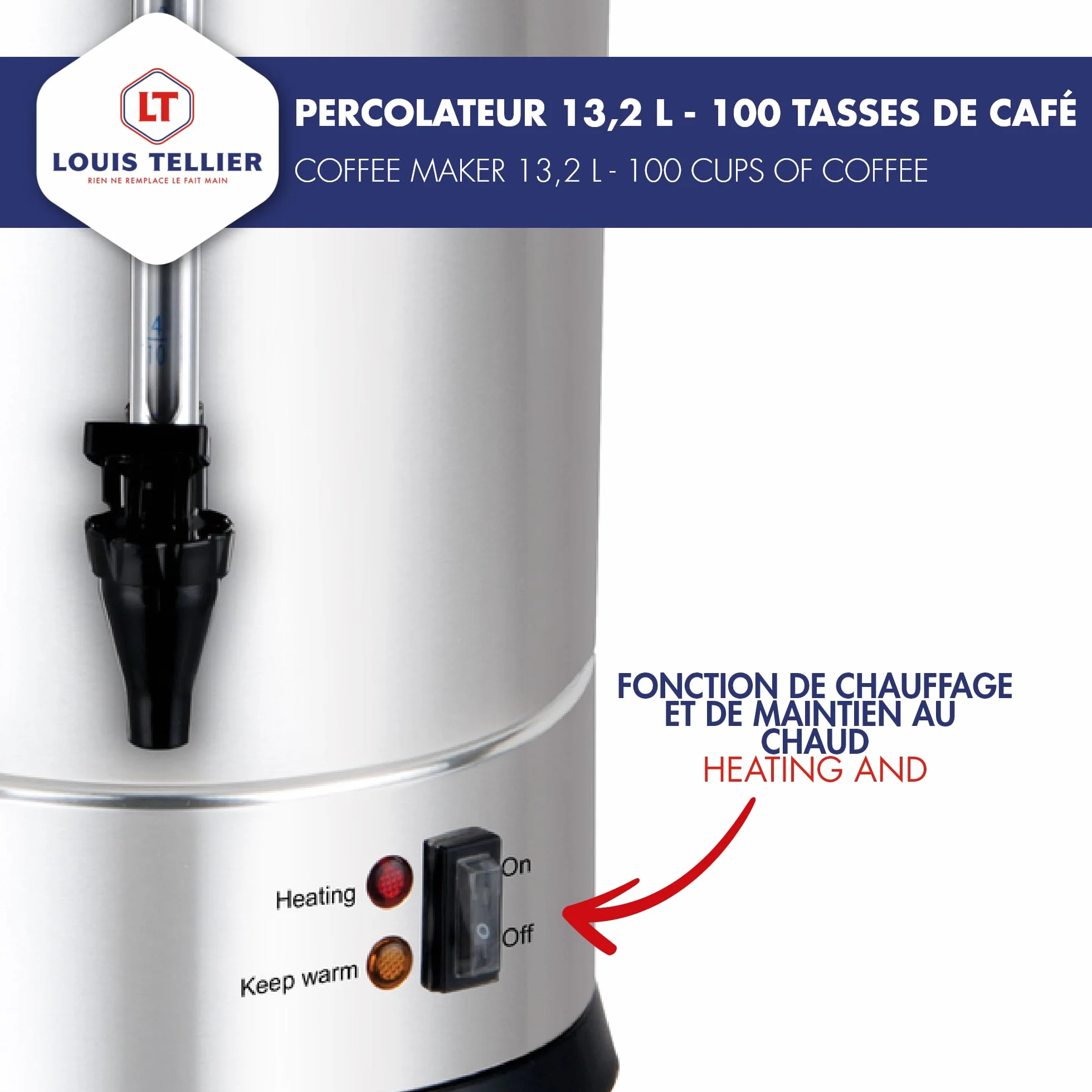 LOUIS TELLIER - Percolateur à café professionnel - Capacité 13,2 L - 100 tasses - INOX - Filtre en inox - Robinet anti-gouttes