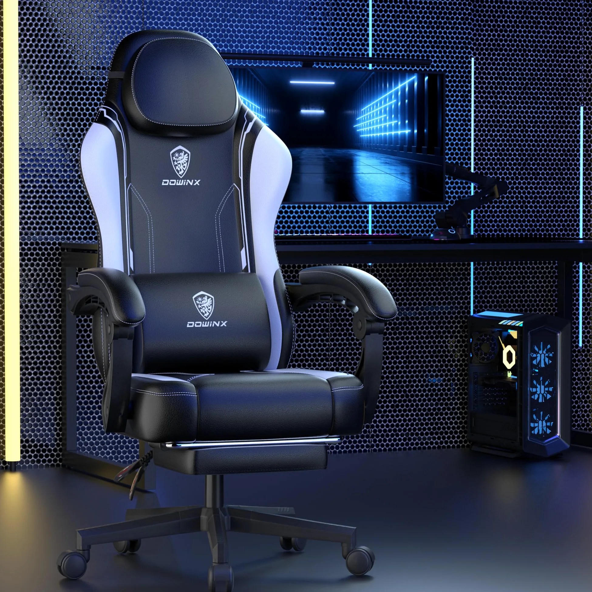 Dowinx Chaise de gamer, ergonomique, avec soutien lombaire, en cuir synthétique et polycarbonate, dossier élargi, charge maximale de 150 kg, blanche