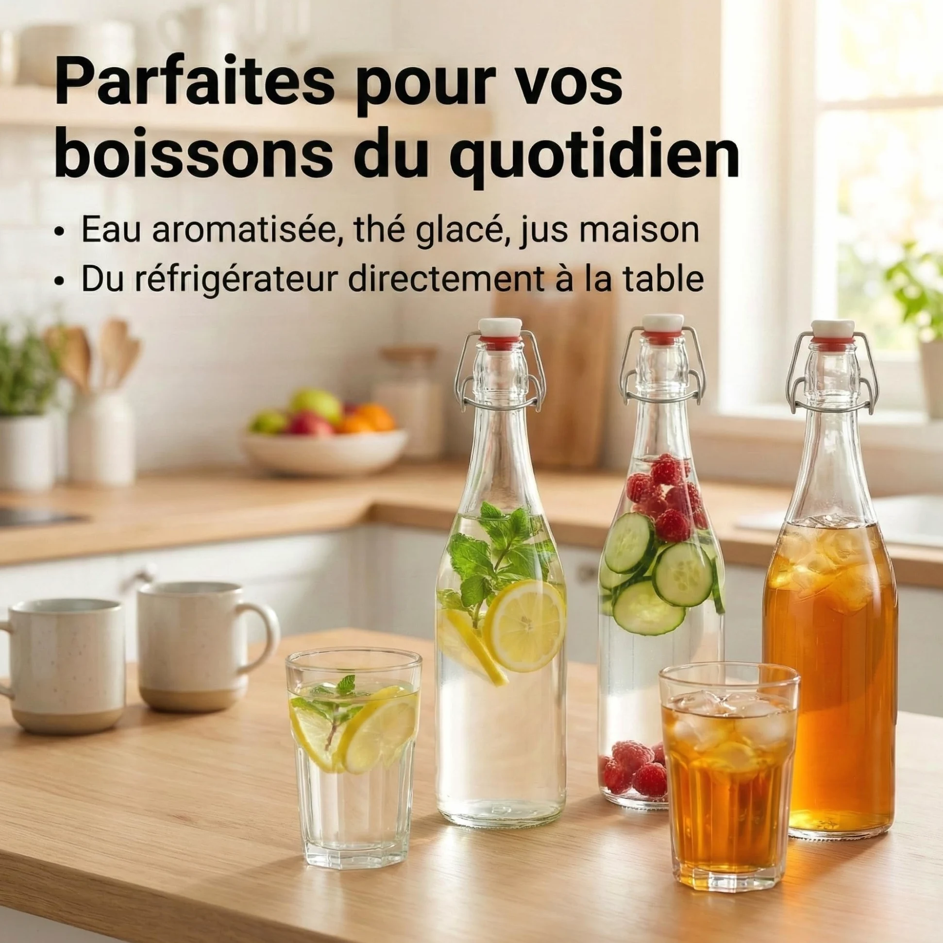 myFERMENTS Kit 6 Bouteilles 750ml en Verre Épais avec Bouchon Mécanique Hermétique | Set Complet Fermentation Bière Kombucha Kéfir Huile | Entonnoir 10cm, Tissu 50x50cm, Joint Porcelaine