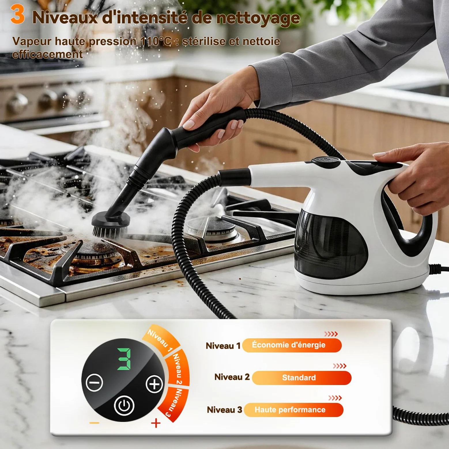 Nettoyeur Vapeur à Main 5S Chauffe Rapide, Steam Cleaner Poids Optimisé (Seulement 0.92 kg), 400ML Réservoir Transparent (Remplissage Facile),avec 10 Accessoires