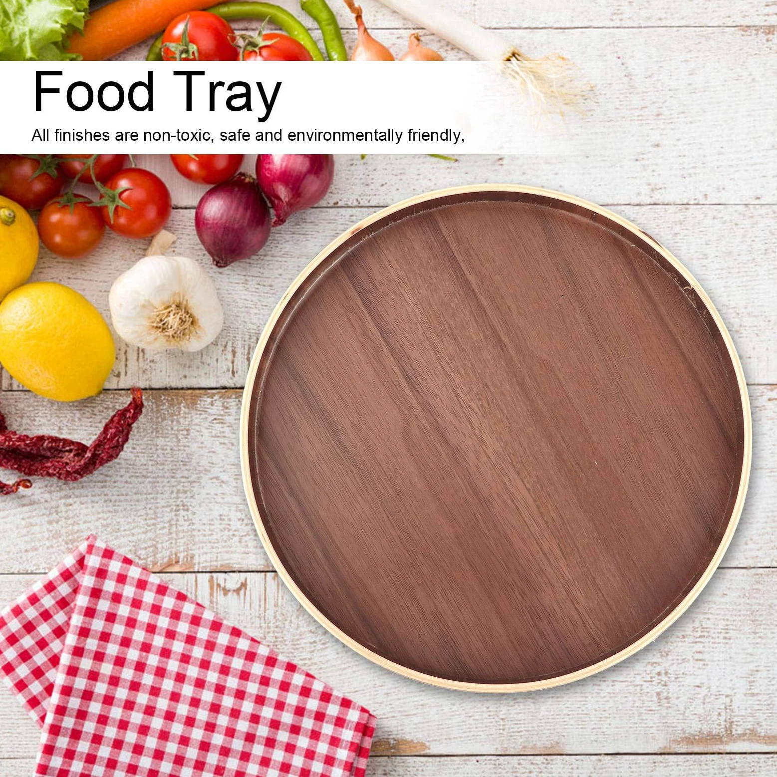 Plateau de service rond en bois de style japonais – 24 cm couleur noyer – Respectueux de l'environnement et sûr pour servir, divertir et décorer la maison