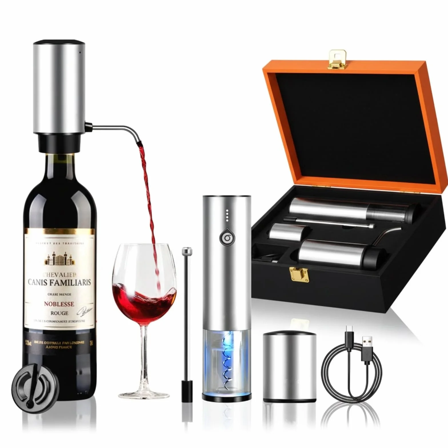 Tire-Bouchon Électrique Rechargeable 4 en 1, Coffret Cadeau avec Ouvre Bouteille & Aérateur de Vin Automatique, Bouchon à Vide et Coupe-Capsule, Idée Cadeau pour Noël et Anniversaire