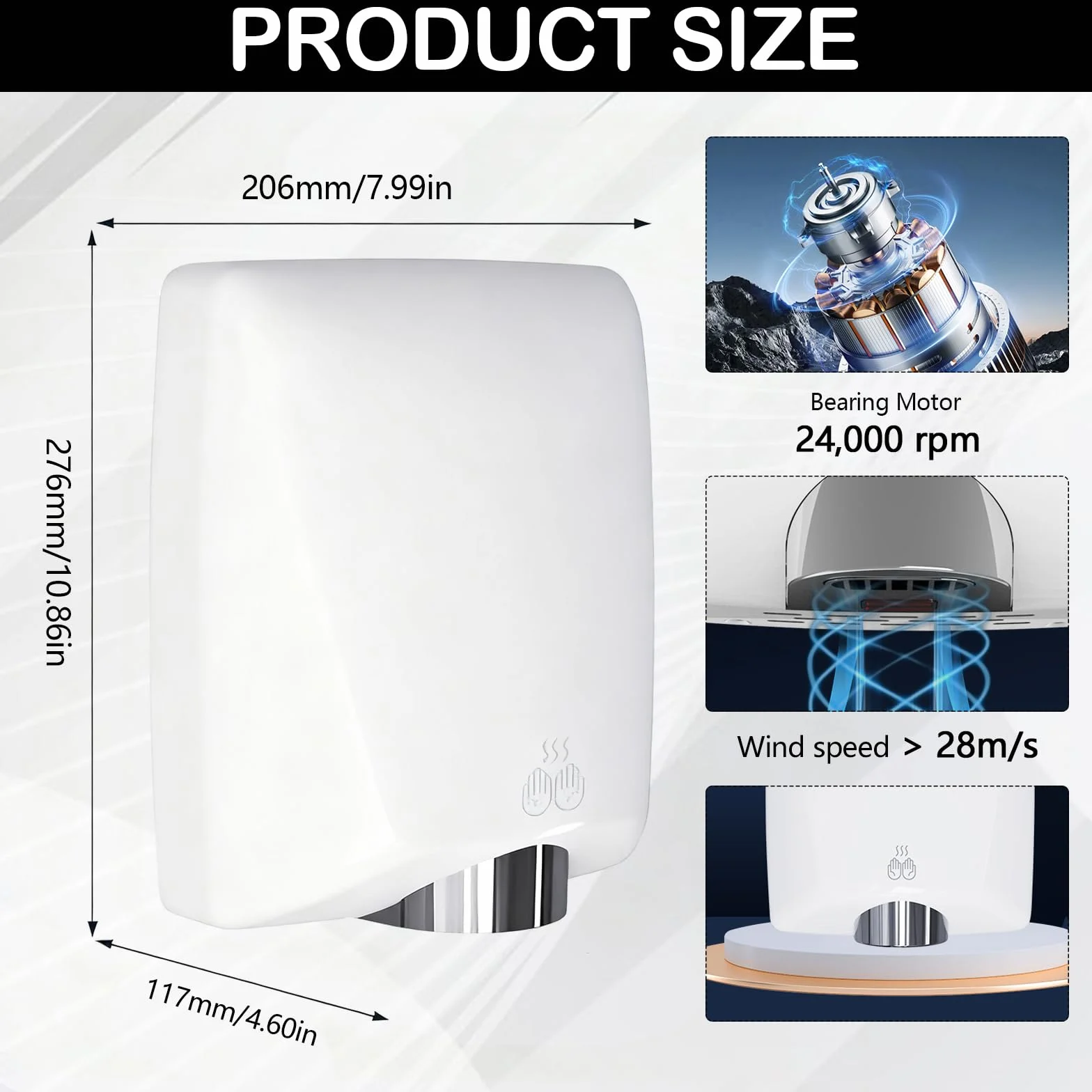 Sèche-Mains, Seche Main Électrique 1600 W 7-13 Secondes pour Sécher Sèche-Mains Automatique pour Montage Mural avec Capteur de Température et Capteur Infrarouge pour Cuisine Toilettes