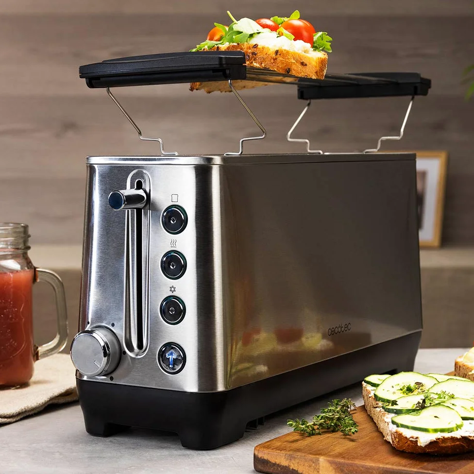 Cecotec Grille-pain BigToast Extra, 1100 W, Fente Longue Extra-large, 4 Fonctions préconfigurées, 6 Niveaux de Puissance, Barres Supérieures pour Réchauffer, Acier, Capacité pour 2 Toasts