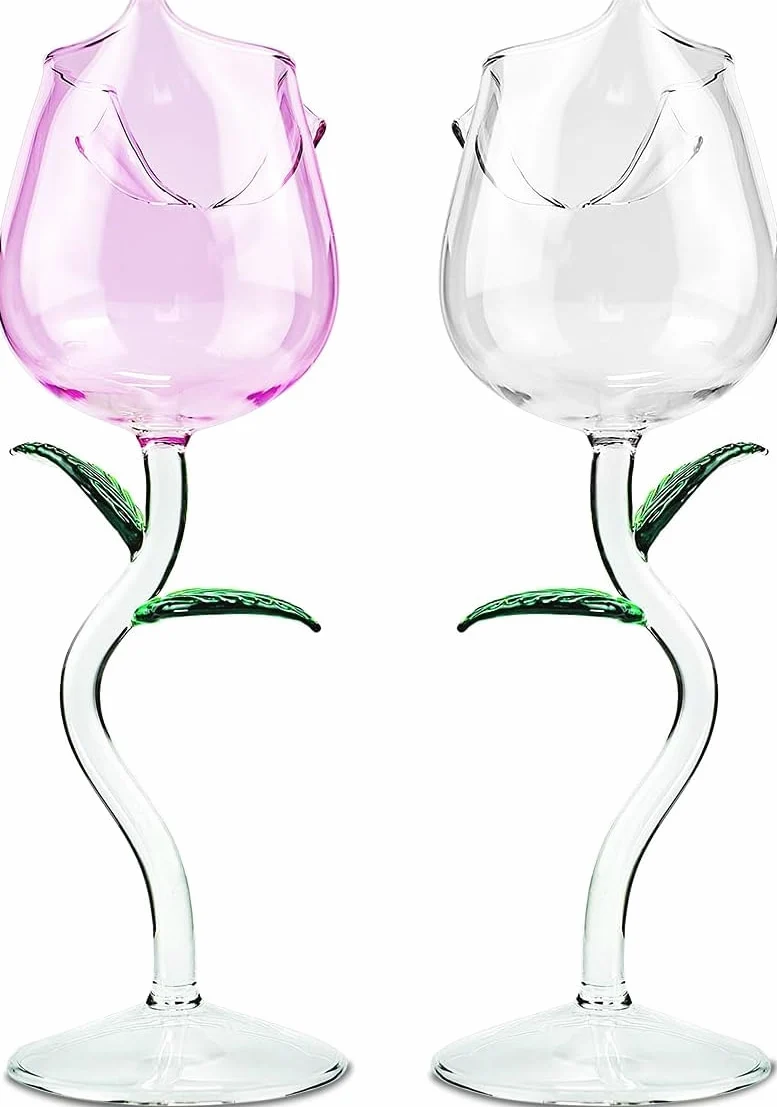 Lot de 2 verres à vin en forme de rose, verre à jus ou cocktail en forme de rose pour verre à vin rouge, ensemble de verres à rose pour cadeaux/fête/dîner/mariage/verres (rose et transparent, 280 ml)