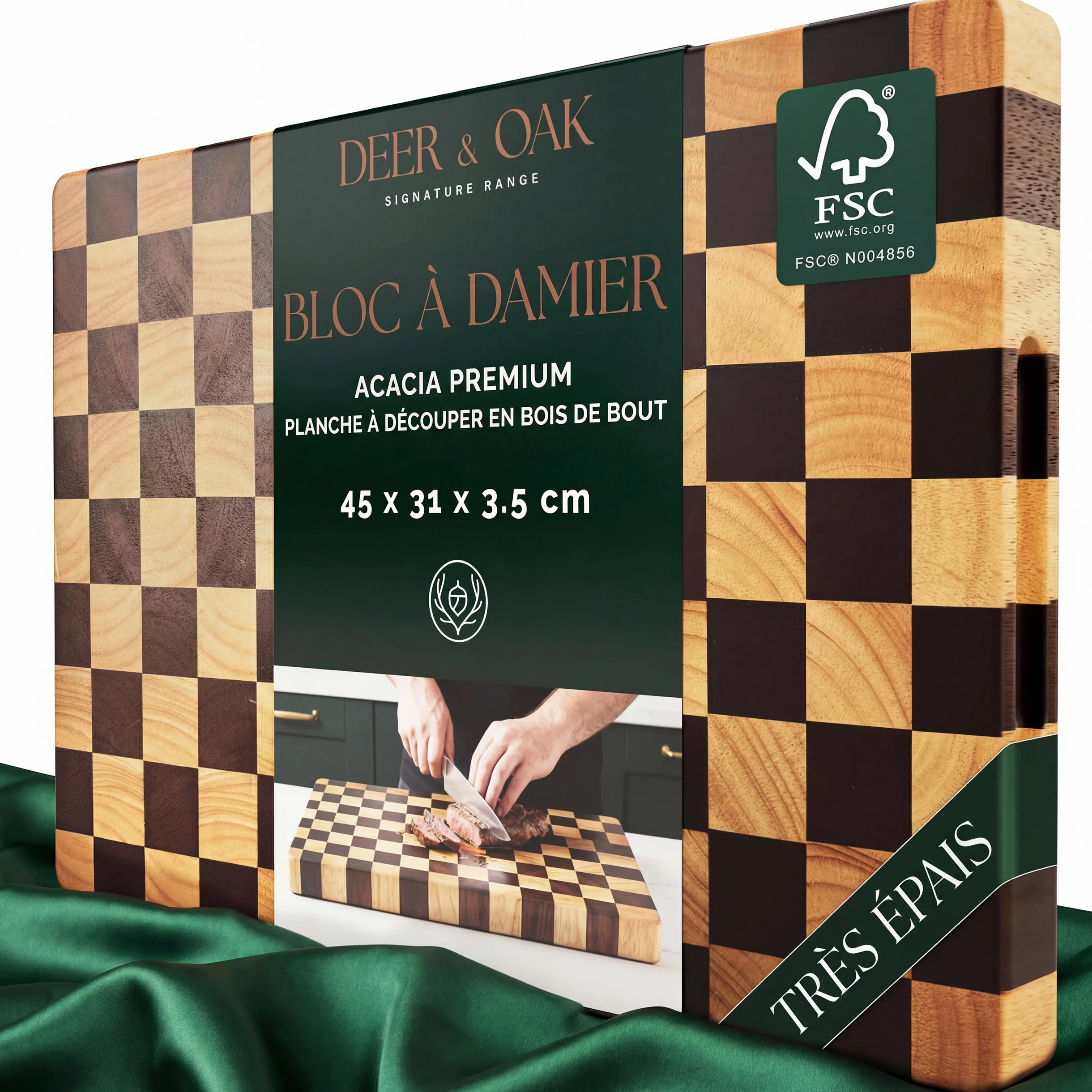Deer & Oak Planche à Découper en Acacia Bois de Bout Motif Échiquier & Huile Alimentaire – 45 x 31 x 3,5 cm, Bloc Boucher FSC Pré-Huilé avec Poignées, Planche Apéritif