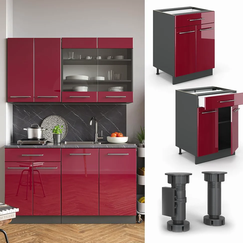 Vicco Meuble Cuisine Fame-Line, Rouge Bordeaux Haute Brillance, 60cm avec tiroir, sans PT, à Combiner avec d'autres modules de la série Fame-Line