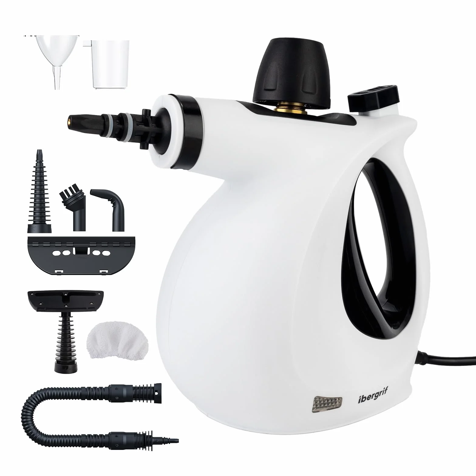 Ibergrif Nettoyeur Vapeur Portatif, 1050W avec 9 Accessoires, 3 Bar Haute Pression, Solution Sans Produits Chimiques, pour Canapé, Cuisine, Joints et Vitres, 350ml, Blanc