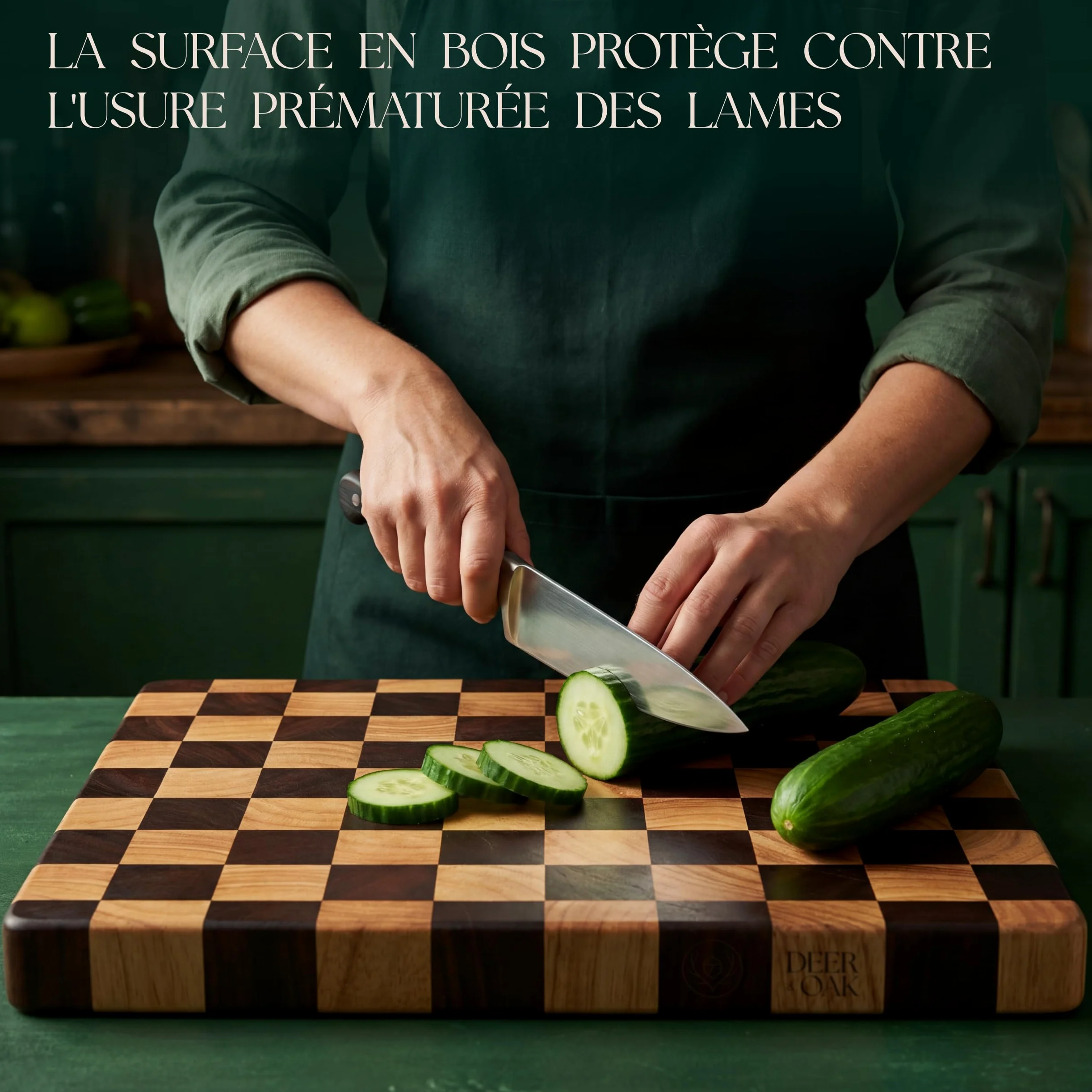 Deer & Oak Planche à Découper en Acacia Bois de Bout Motif Échiquier & Huile Alimentaire – 45 x 31 x 3,5 cm, Bloc Boucher FSC Pré-Huilé avec Poignées, Planche Apéritif