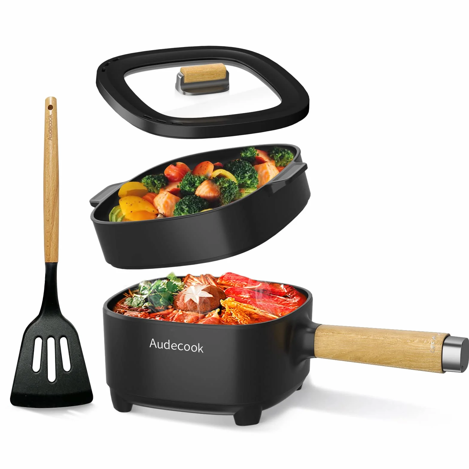 Audecook Casserole électrique, 2 L Cermic Glaze Poêle à frire antiadhésive (Noir, 2 litres)