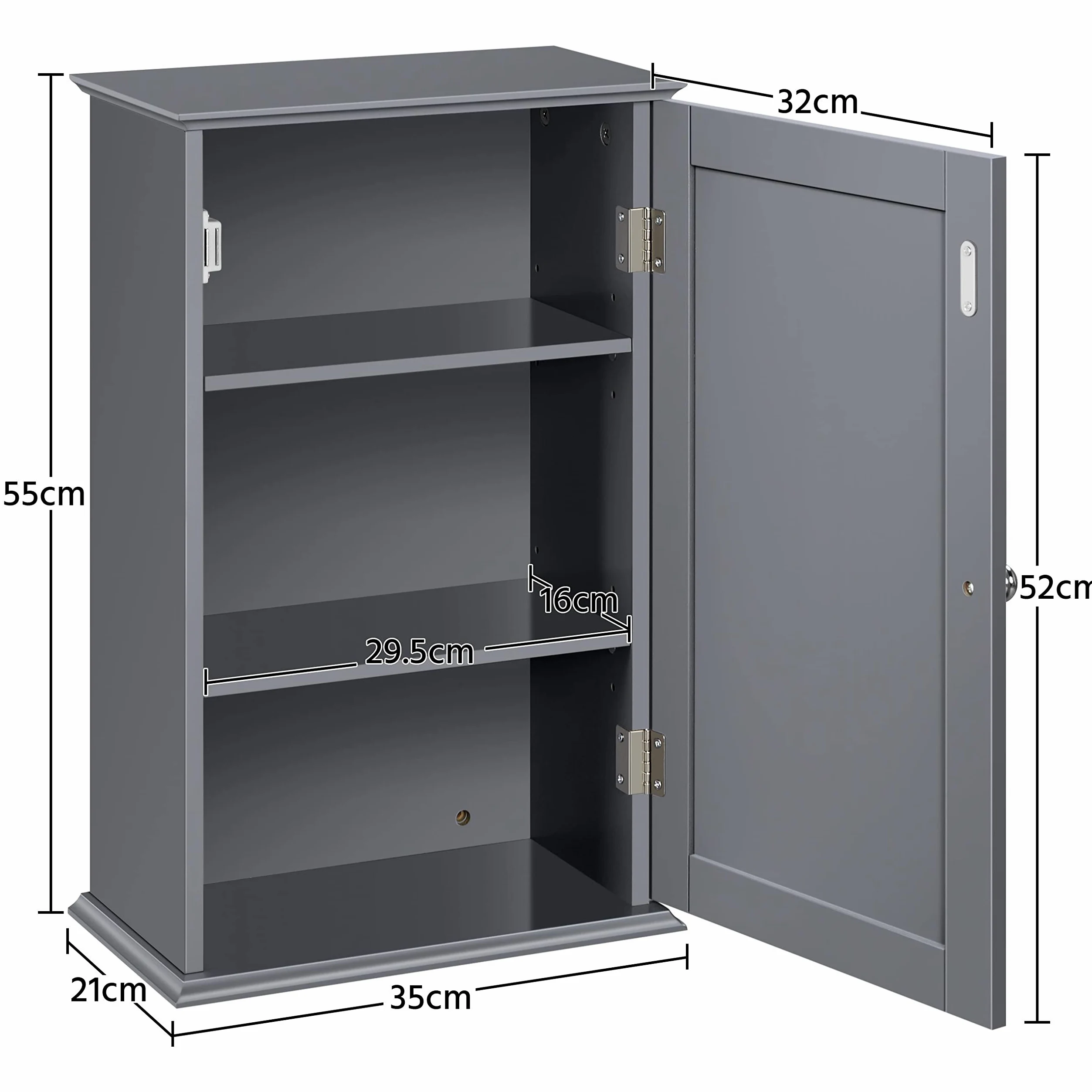 Yaheetech Armoire Murale de Toilette, Meuble de Rangement Suspendu Salle de Bain, 35 x 20,7 x 55 cm, Armoire à Pharmacie, 2 Étagère Réglables, avec Porte, en Bois Blanc WC Cuisine Gris