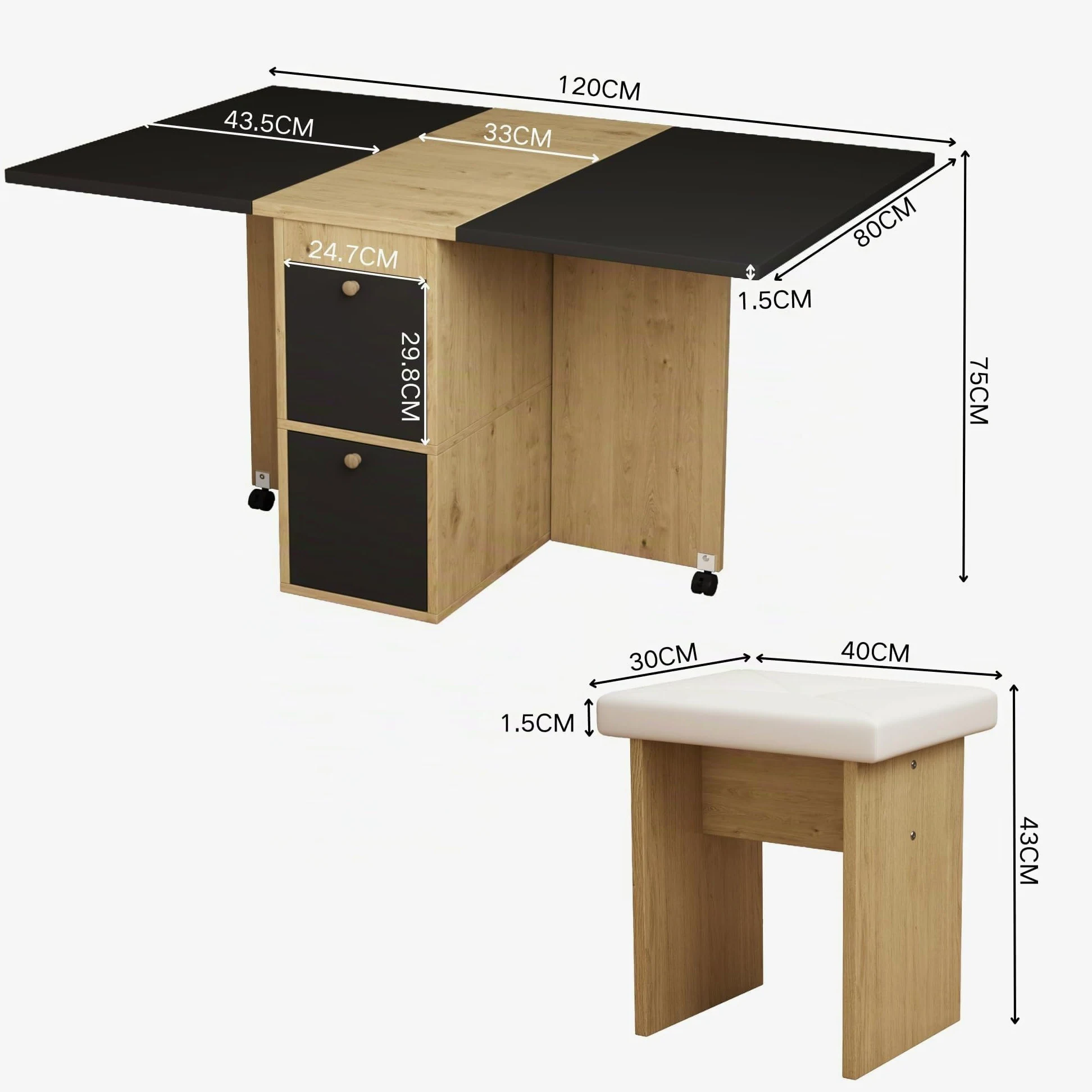 Sapgaks Table de salle à manger extensible 120 x 80 cm avec 4 chaises, pliable, en bois véritable, chêne