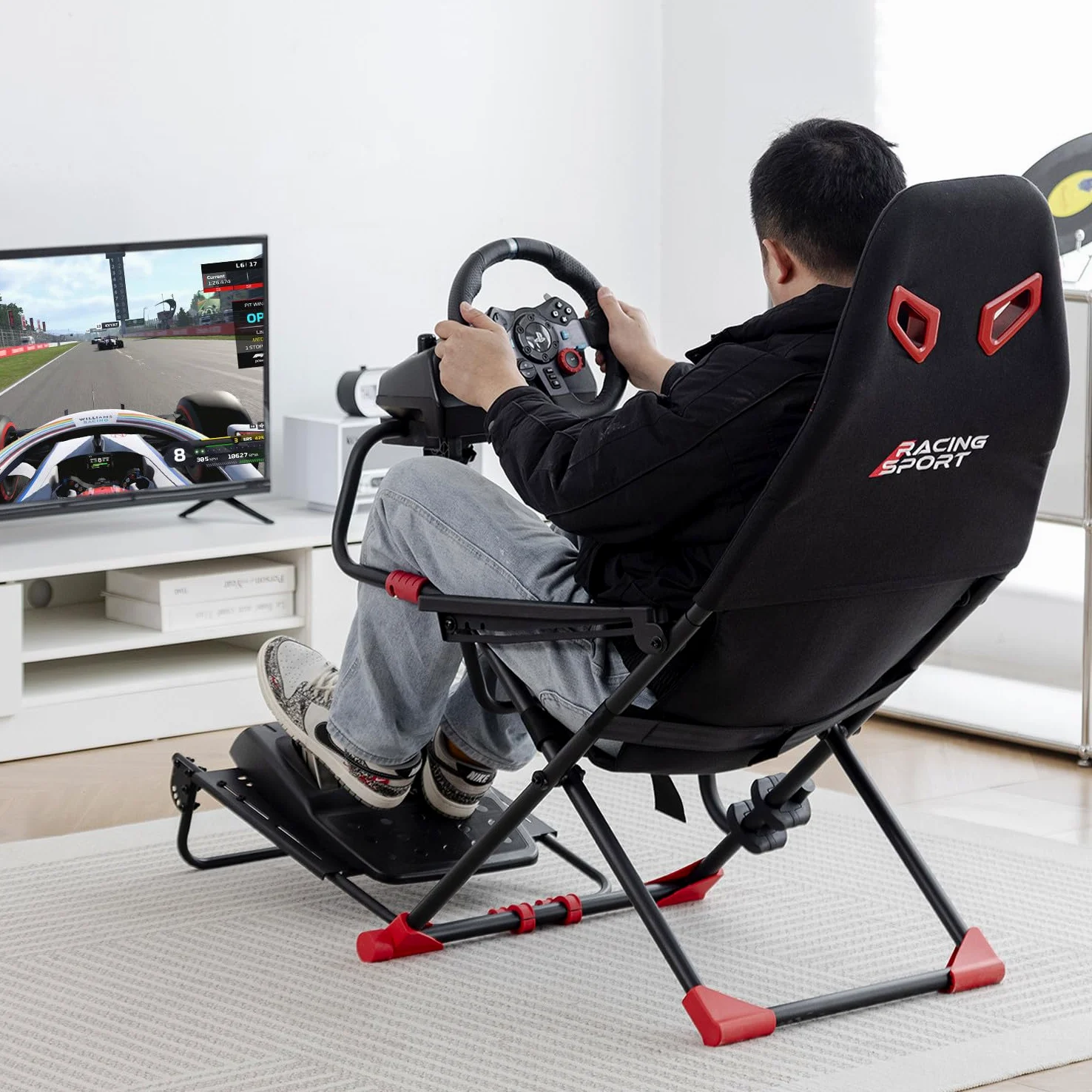 Amstrad AMS-Racing-SIM Siège de simulateur Auto avec Support pour Volant & Levier de Vitesse - 3 Niveaux de réglage Hauteur