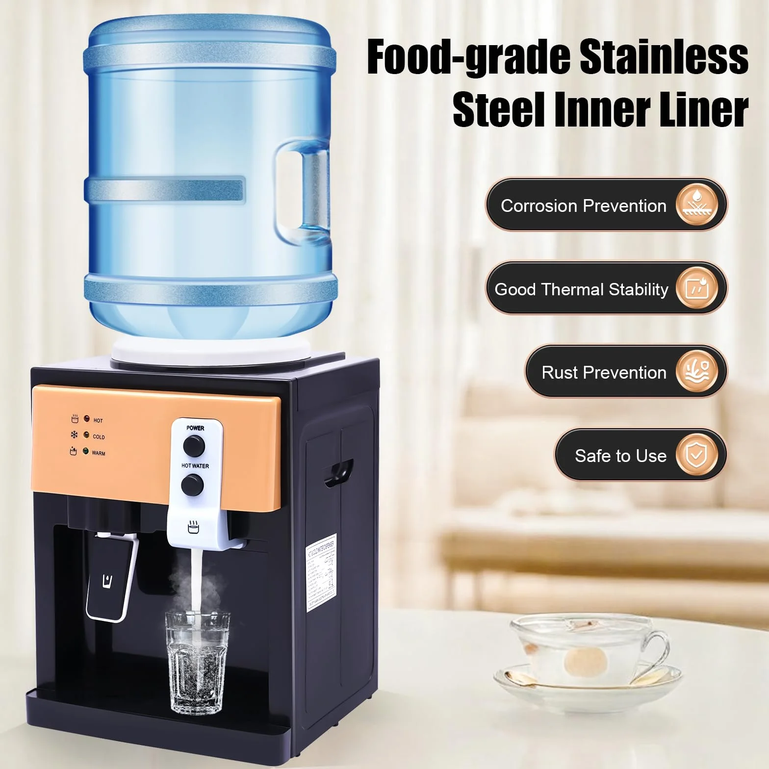 Distributeur d'eau électrique, mini distributeur de boissons chaud et froid avec revêtement en acier inoxydable de qualité alimentaire pour le bureau et la maison
