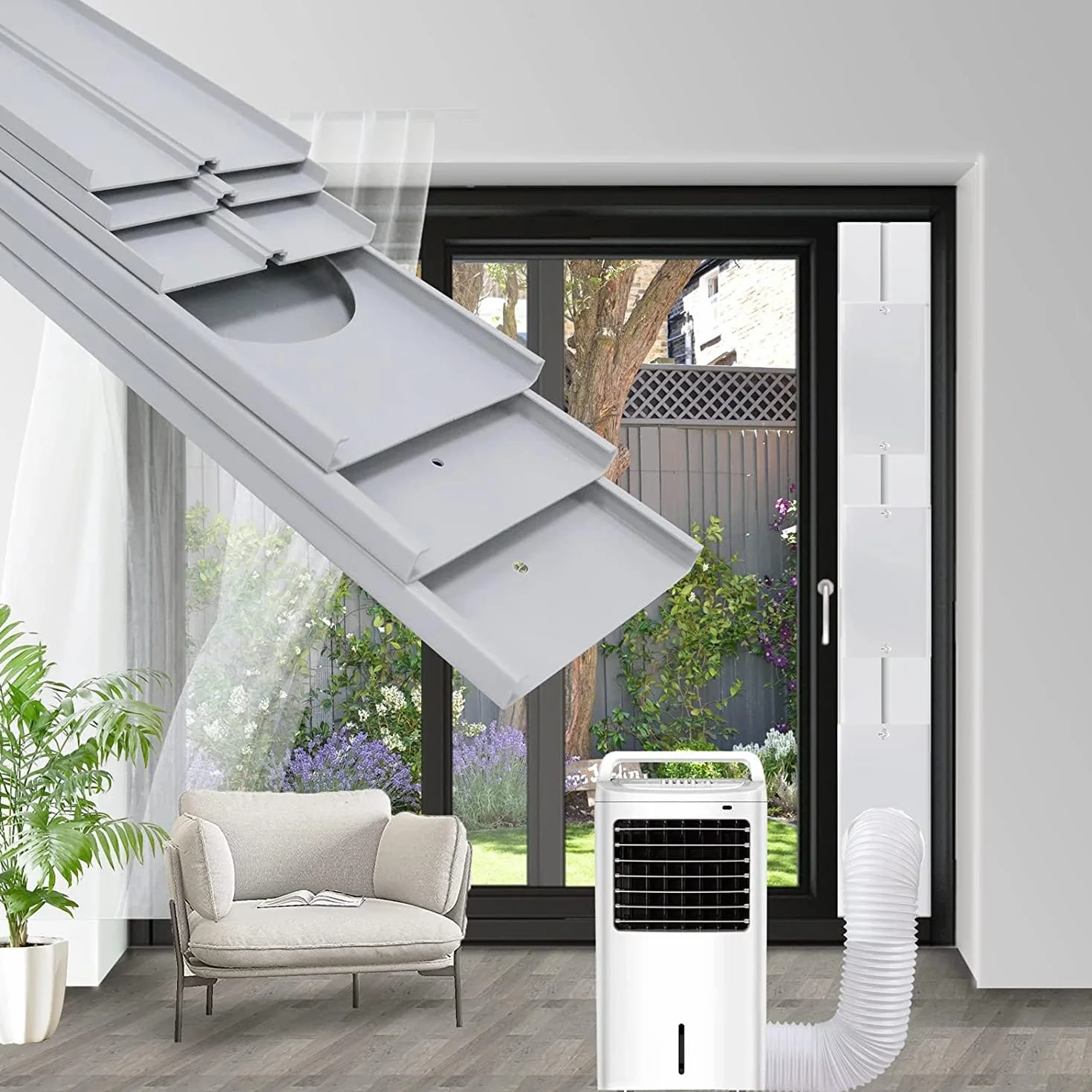 Kit de Fenêtre Climatiseur Mobile, Kit de Glissière de Fenêtre Climatiseur Portable, Kit Calfeutrage Fenêtre Coulissante Climatiseur Mobile avec Adaptateur de Tuyau (Ø15cm, 43-229cm)