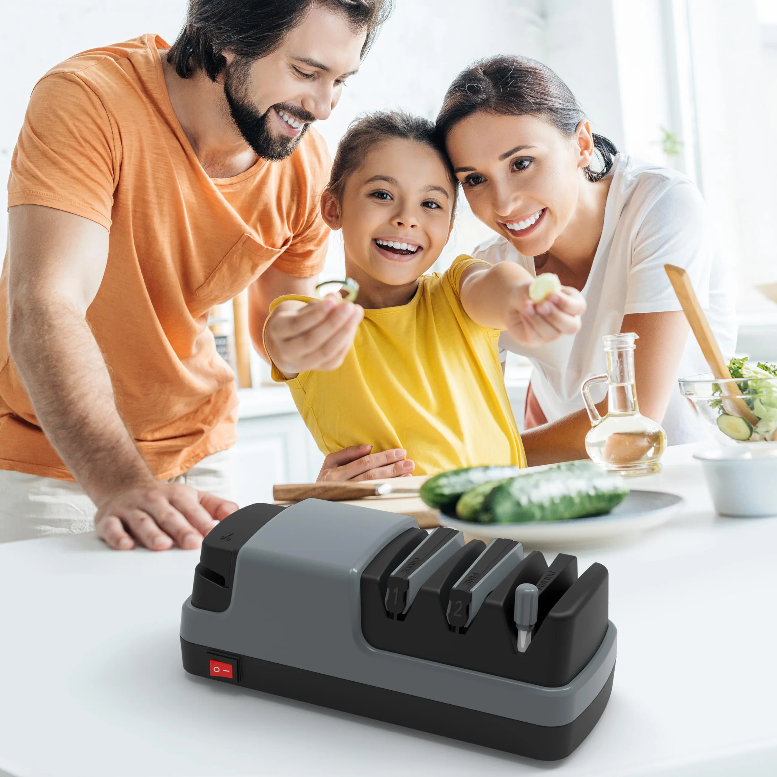 4 en 1 Aiguiseur couteaux électrique pour les couteaux à lame droite, dentelés, les couteaux en céramique et les ciseaux, Gris