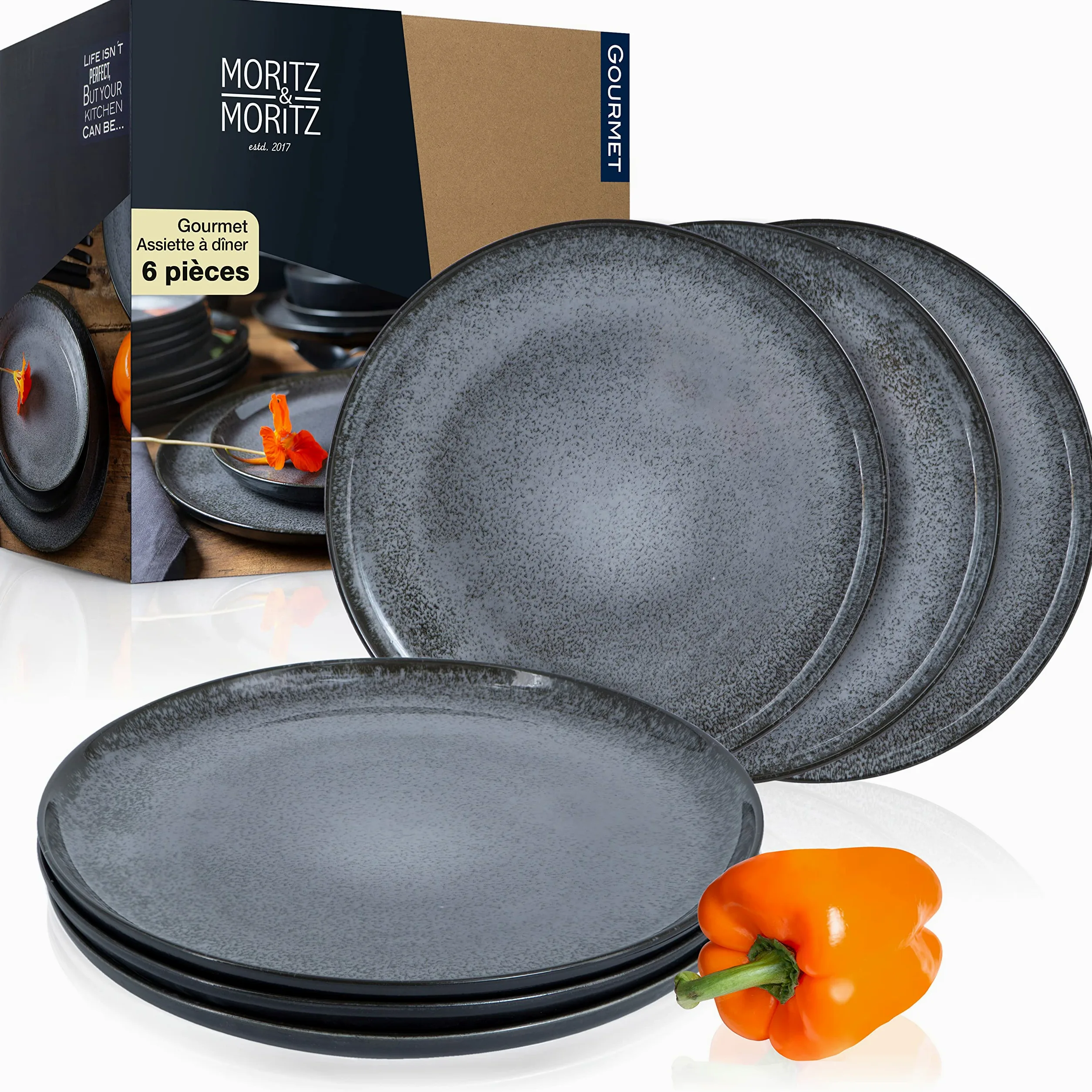 Moritz & Moritz VIDA Lot de 6 assiettes à dîner Anthracite - Assiettes pour 6 personnes - Porcelaine passe au lave-vaisselle et au micro-ondes