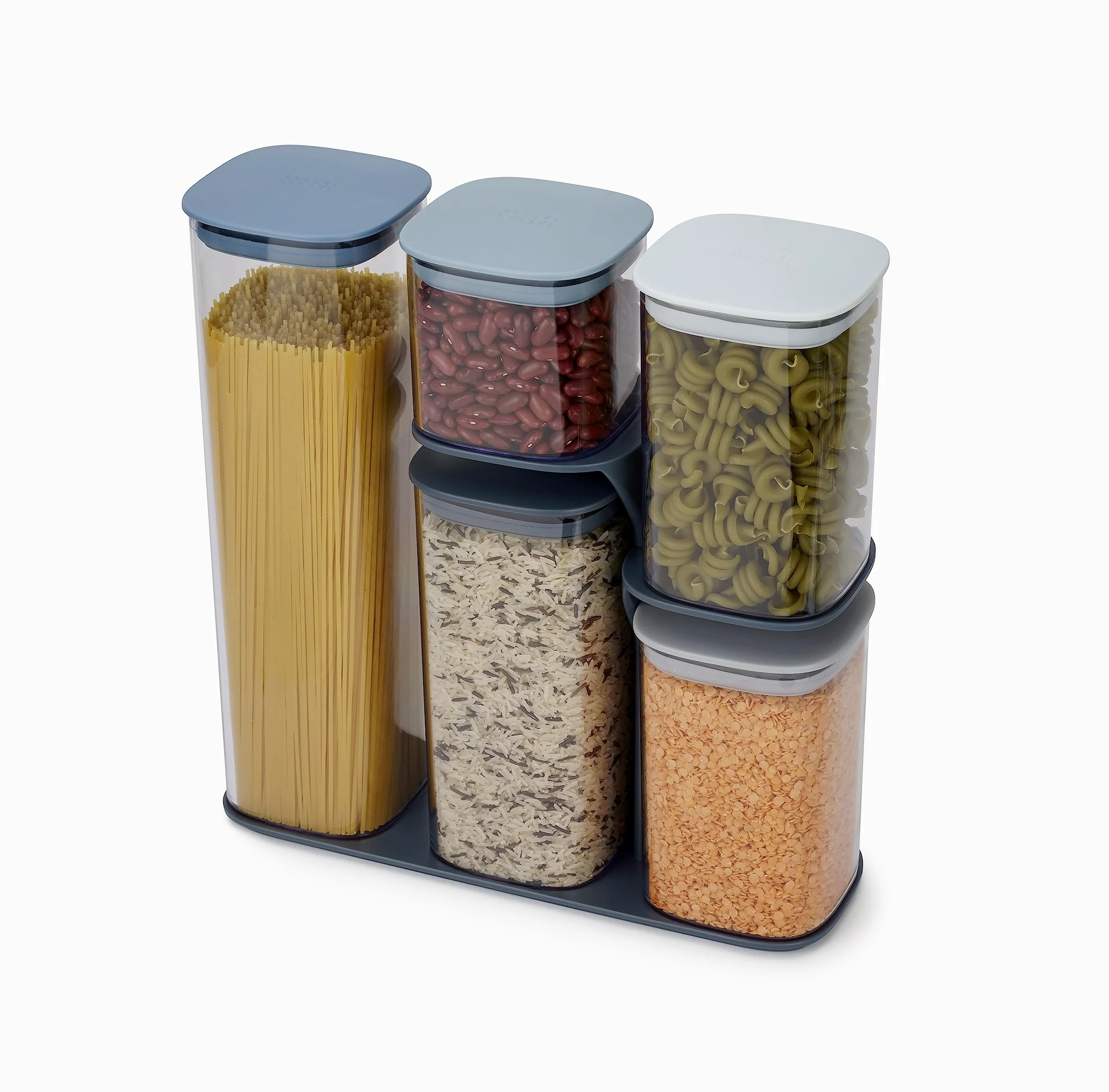 Joseph Joseph Podium Bocaux Hermétiques Lot de 5, Boîtes de Conservation des Aliments Cuisine avec Support et Couvercle, Tranparent/Bleu