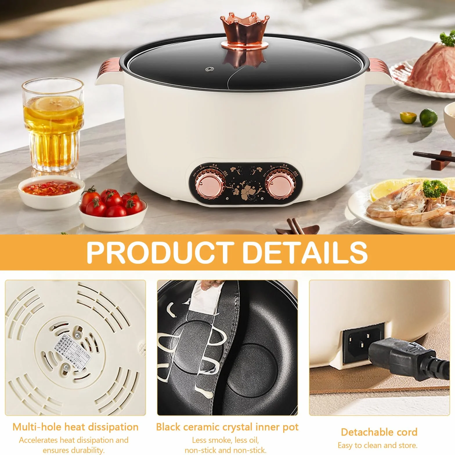 Appareil a Fondue, Fondue Chinoise 5 L à avec Compartiments Rechaud Electrique Pot 1 350 W avec 3 Réglages de Puissance pour Cuire des Fondues Préparer des Soupes Faire Bouillir des Nouilles
